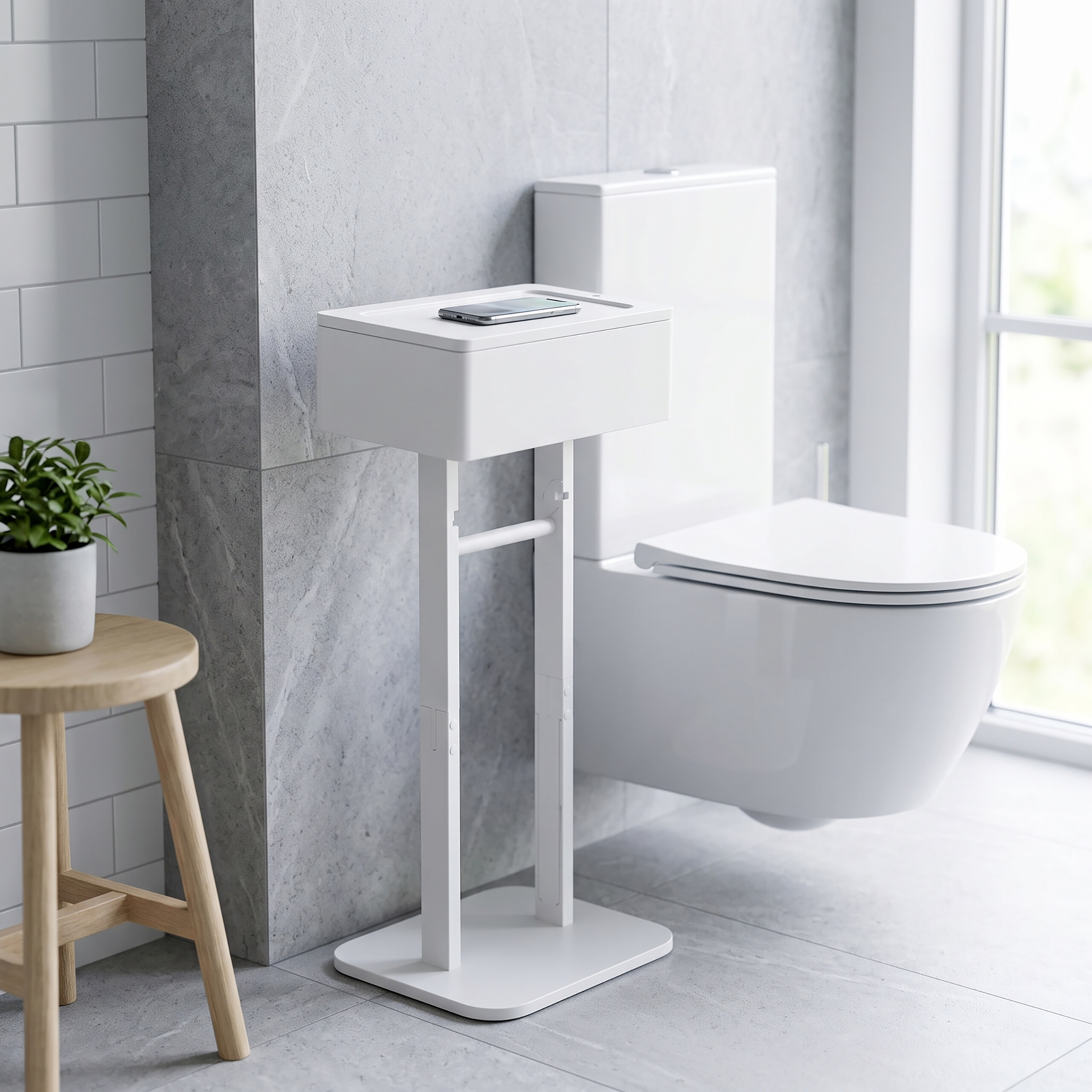 Ein modernes weißes Badezimmer mit Toilette, Holzhocker, Topfpflanze und weißem Ständer mit Handy.