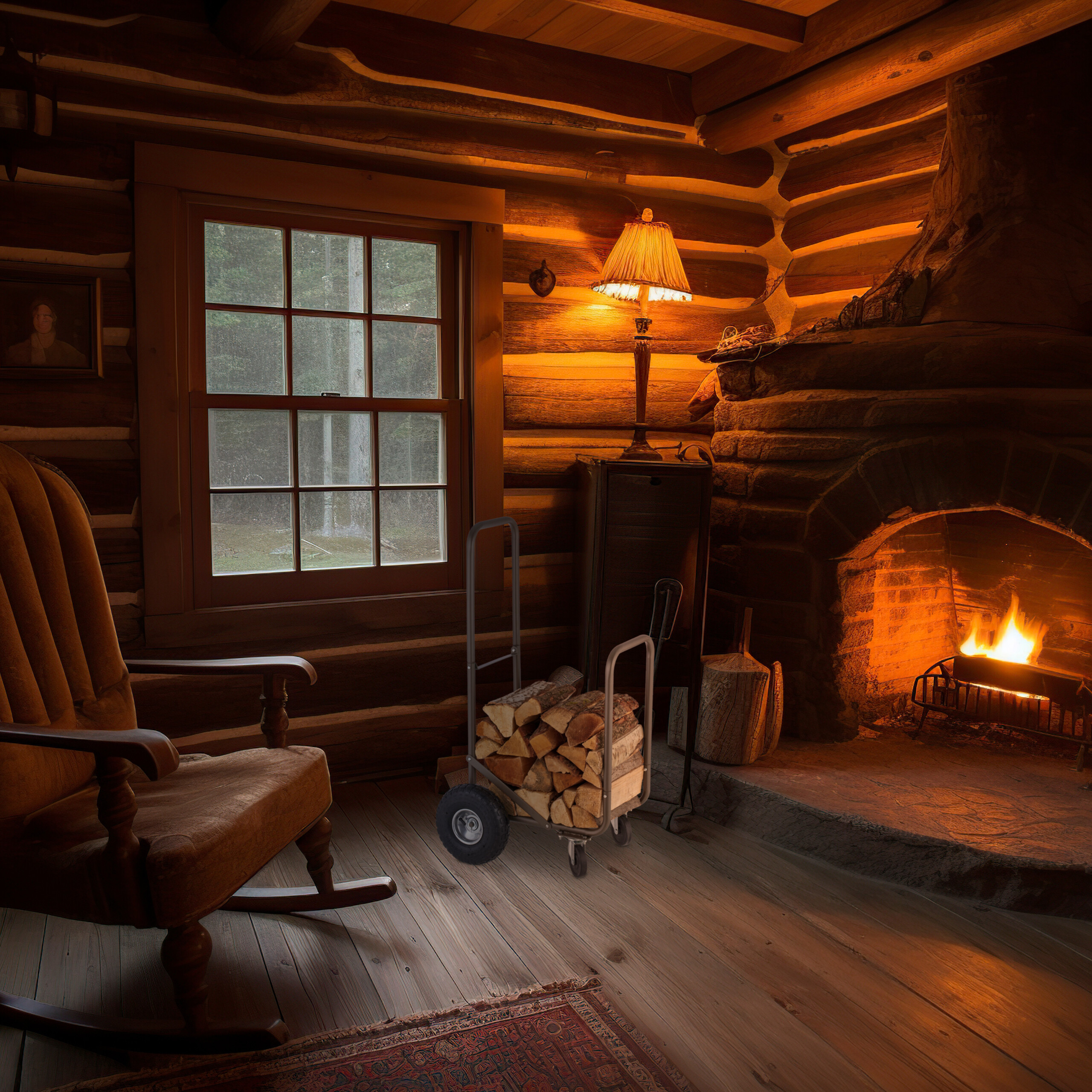 Gemütliche Blockhütte mit Kamin, Schaukelstuhl, einem Holzkarren mit Brennholz und einer Lampe am Fenster.