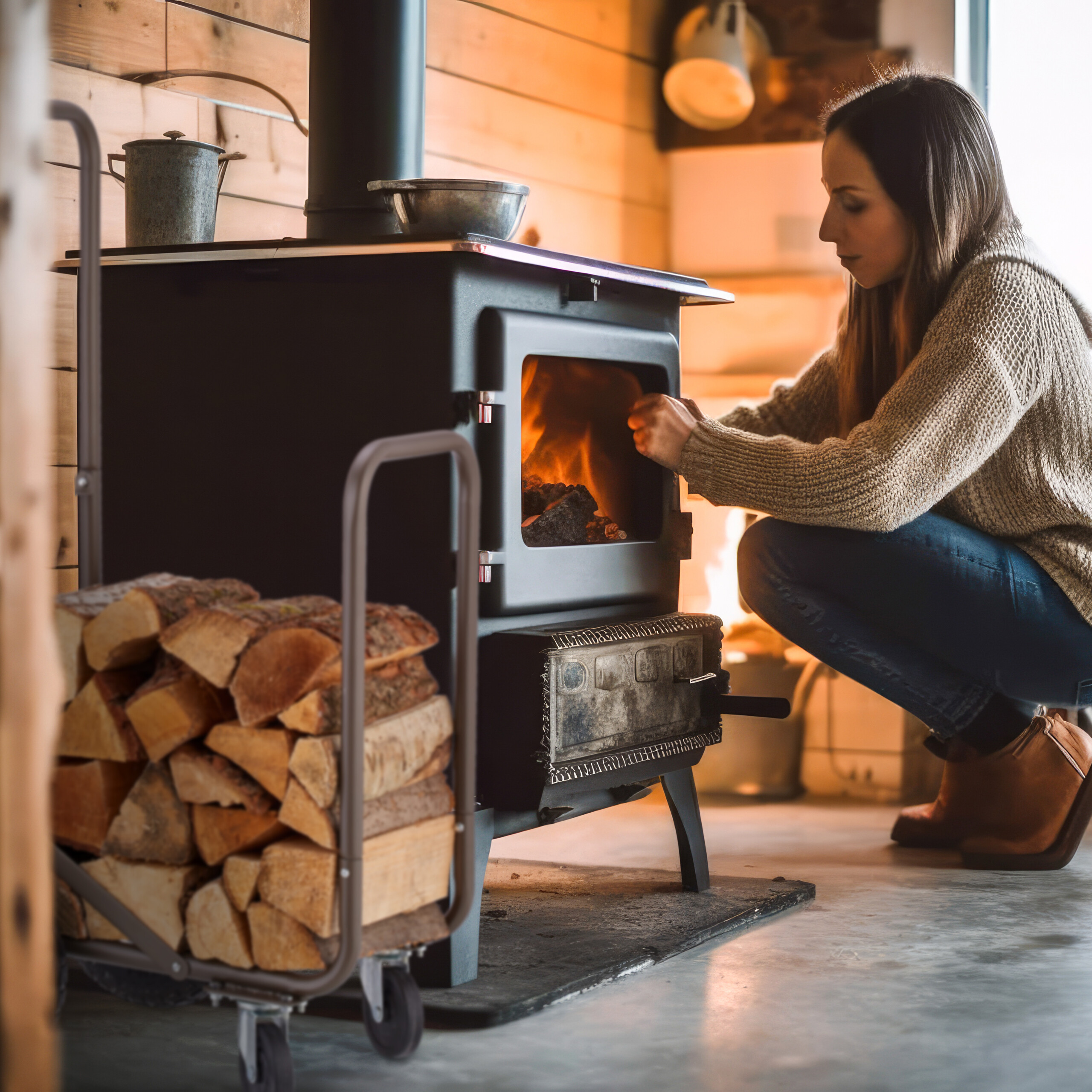 Eine Frau in einem Strickpullover kniet neben einem schwarzen Holzofen mit brennendem Feuer.
