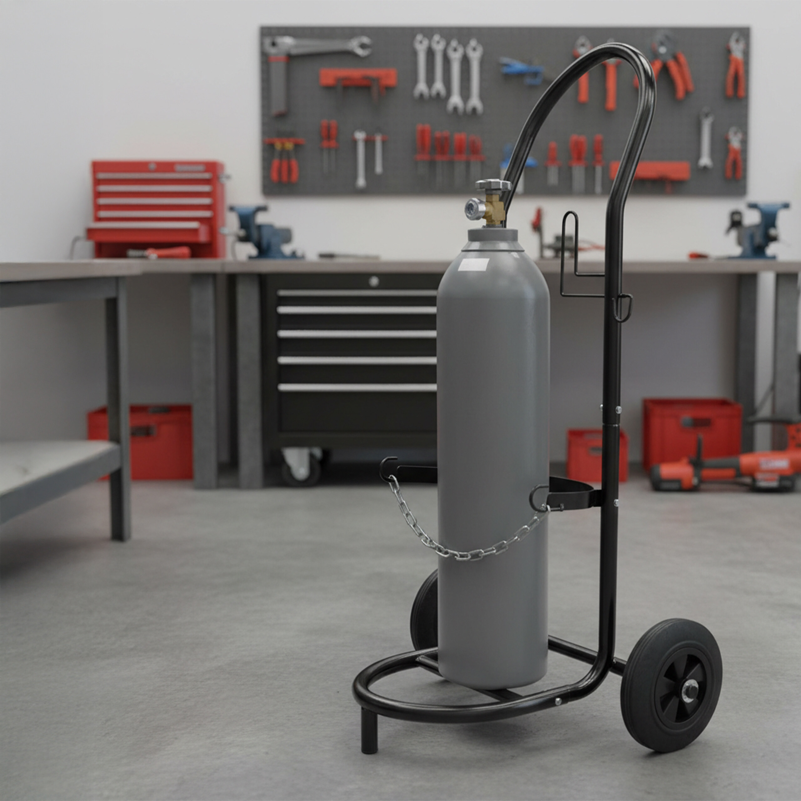 Eine graue Gasflasche ist auf einer schwarzen Sackkarre in einer Werkstatt mit Werkzeugen und Werkbank befestigt.