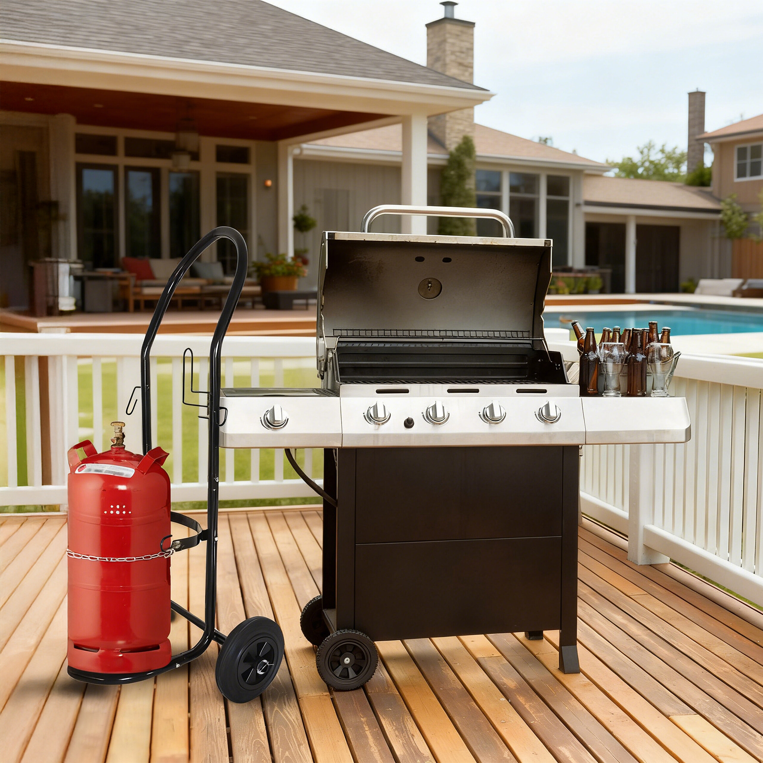Ein schwarzer Gasgrill und ein roter Propantank auf einer Holzterrasse mit Haus und Pool.