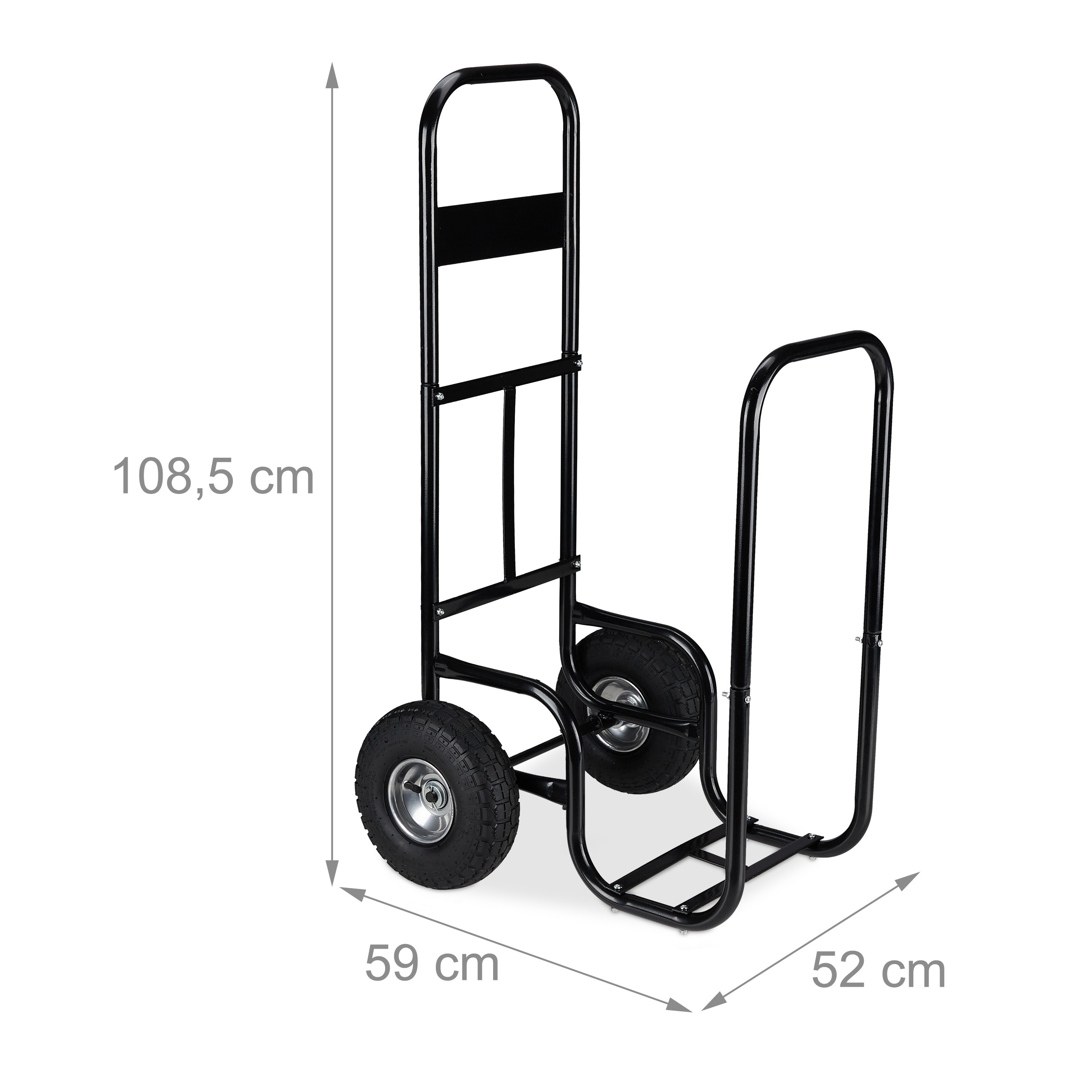 Schwarze Sackkarre mit Maßen: Höhe 108,5 cm, Breite 59 cm, Tiefe 52 cm, auf weißem Hintergrund.