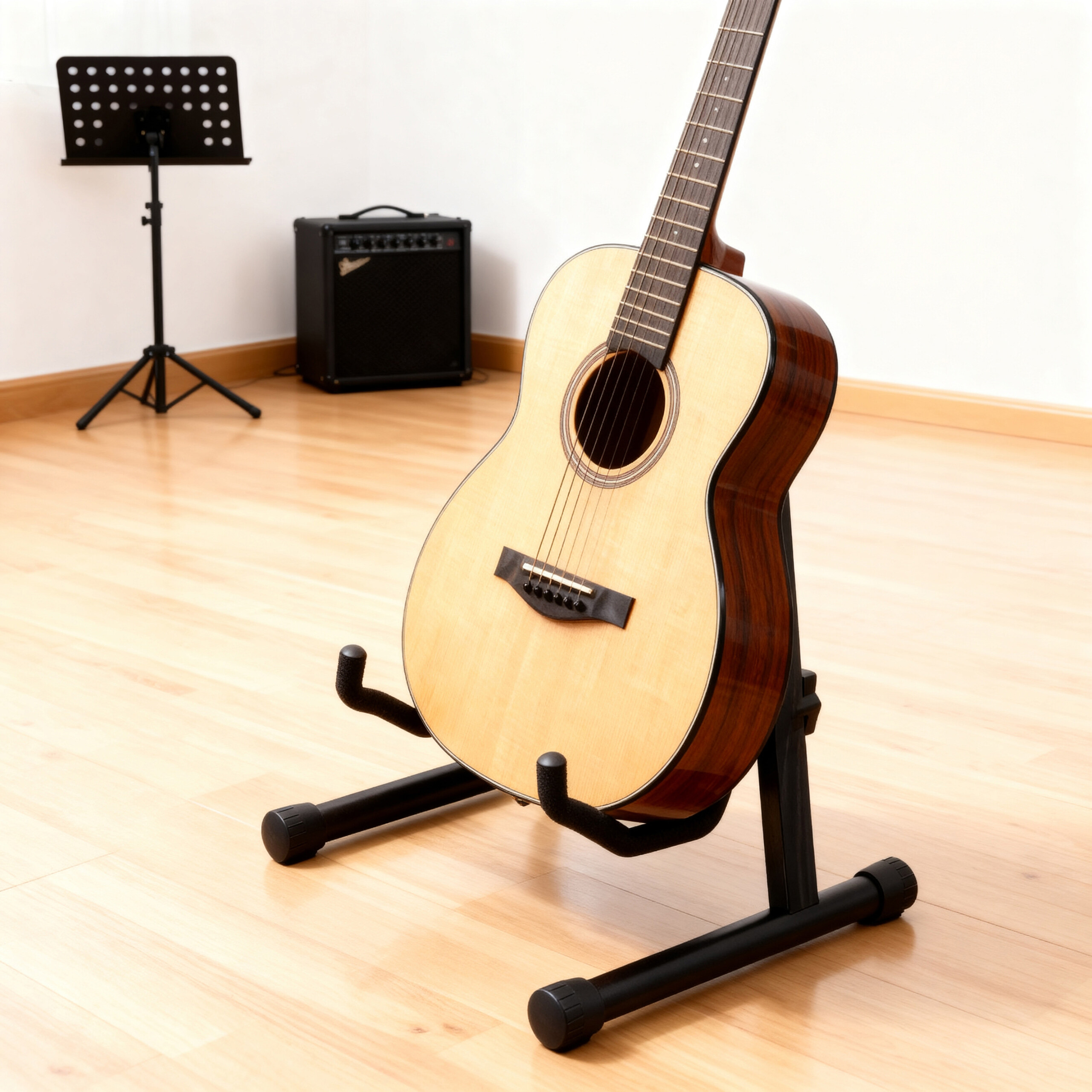Akustikgitarre auf einem Ständer im Raum mit Verstärker und Notenständer hinten.