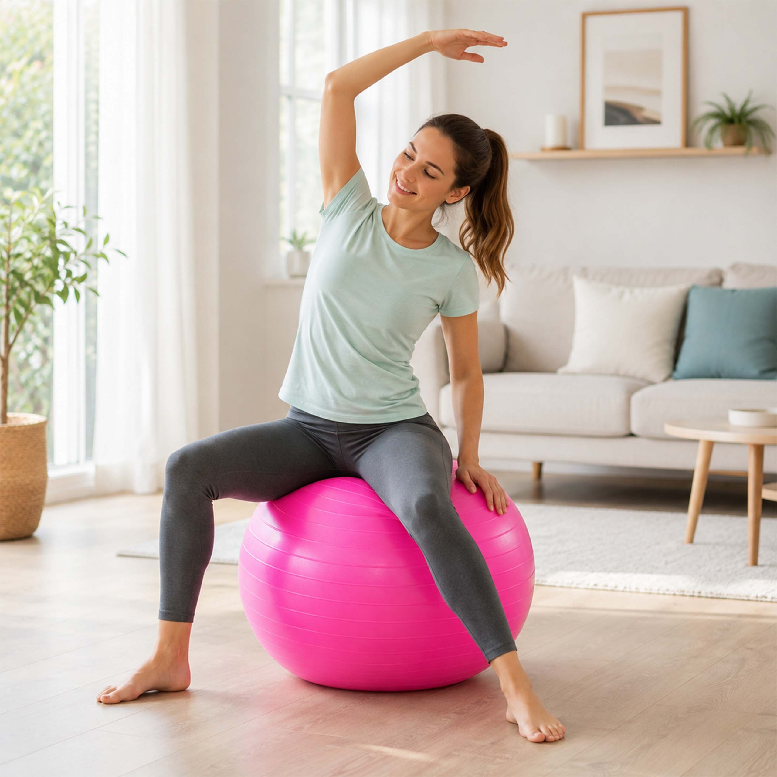 Eine Frau in Sportkleidung sitzt im hellen Wohnzimmer auf einem pinken Gymnastikball und streckt den Arm.
