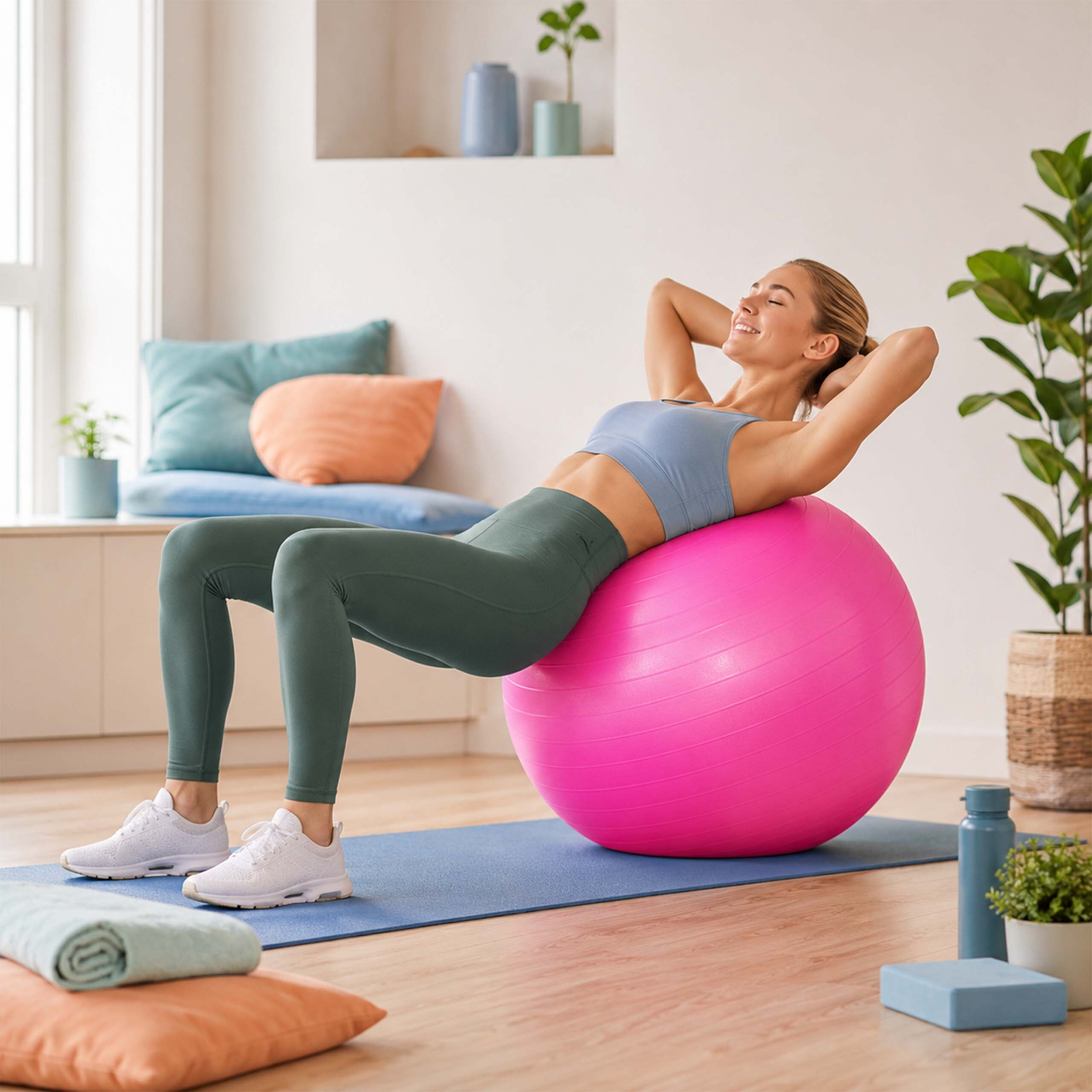 Eine Frau in Sportkleidung macht Rückenübungen auf einem pinken Gymnastikball in einem hellen Raum.