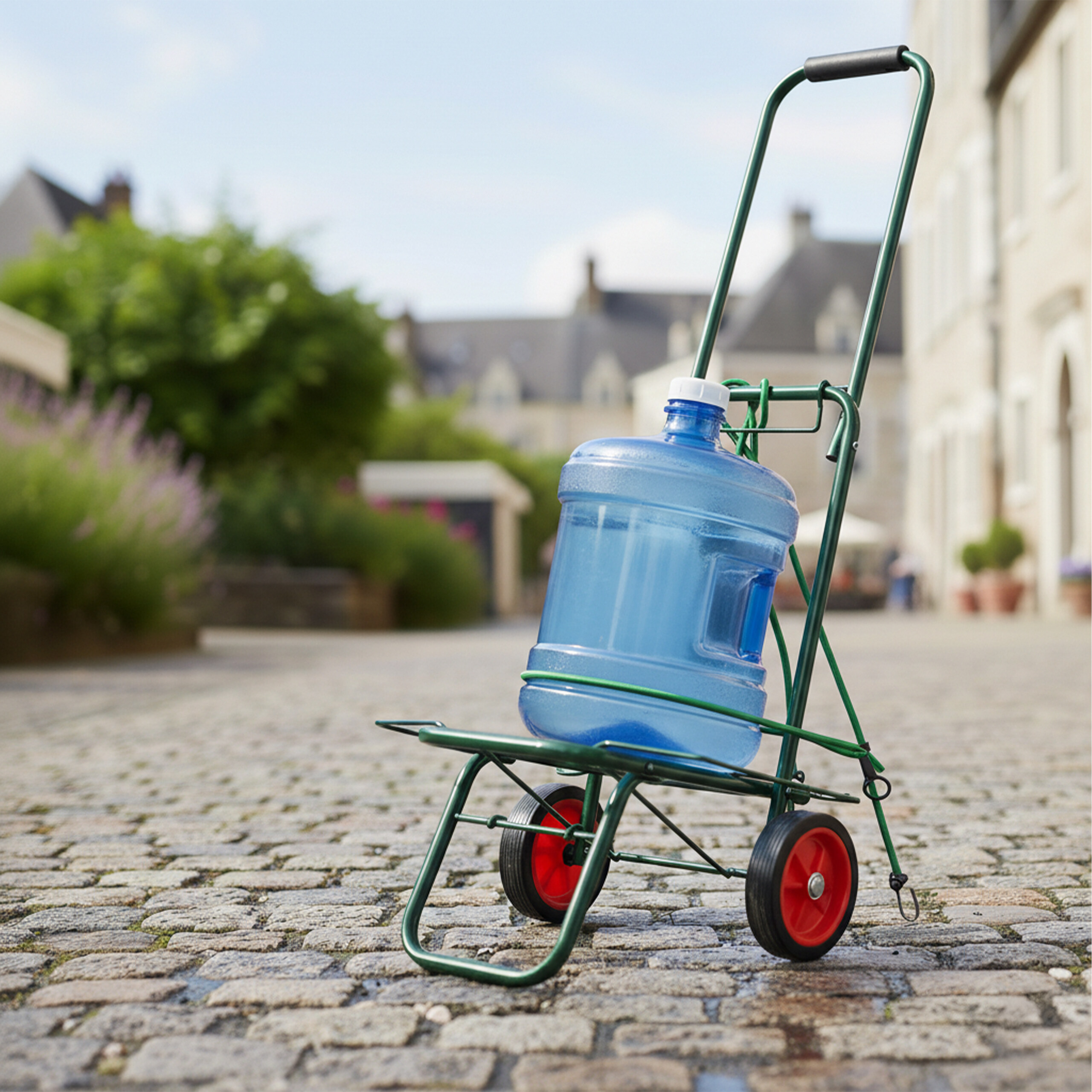 Ein blauer Wasserkanister steht auf einem grünen Handwagen auf einem alten Kopfsteinpflaster in einer Altstadt.