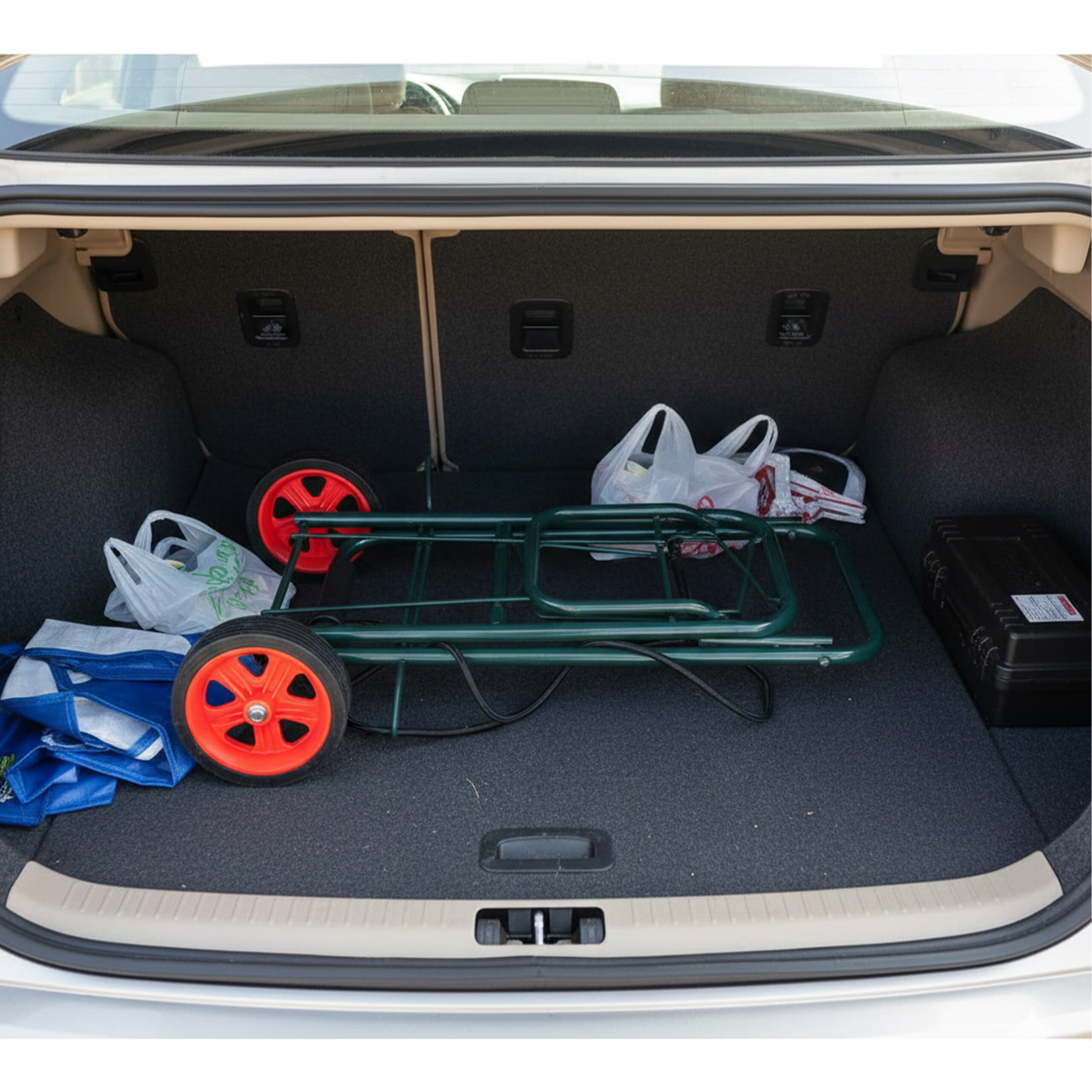 Ein offener Autokofferraum mit einem grünen Handwagen mit roten Rädern, Einkaufstüten und einer schwarzen Box.