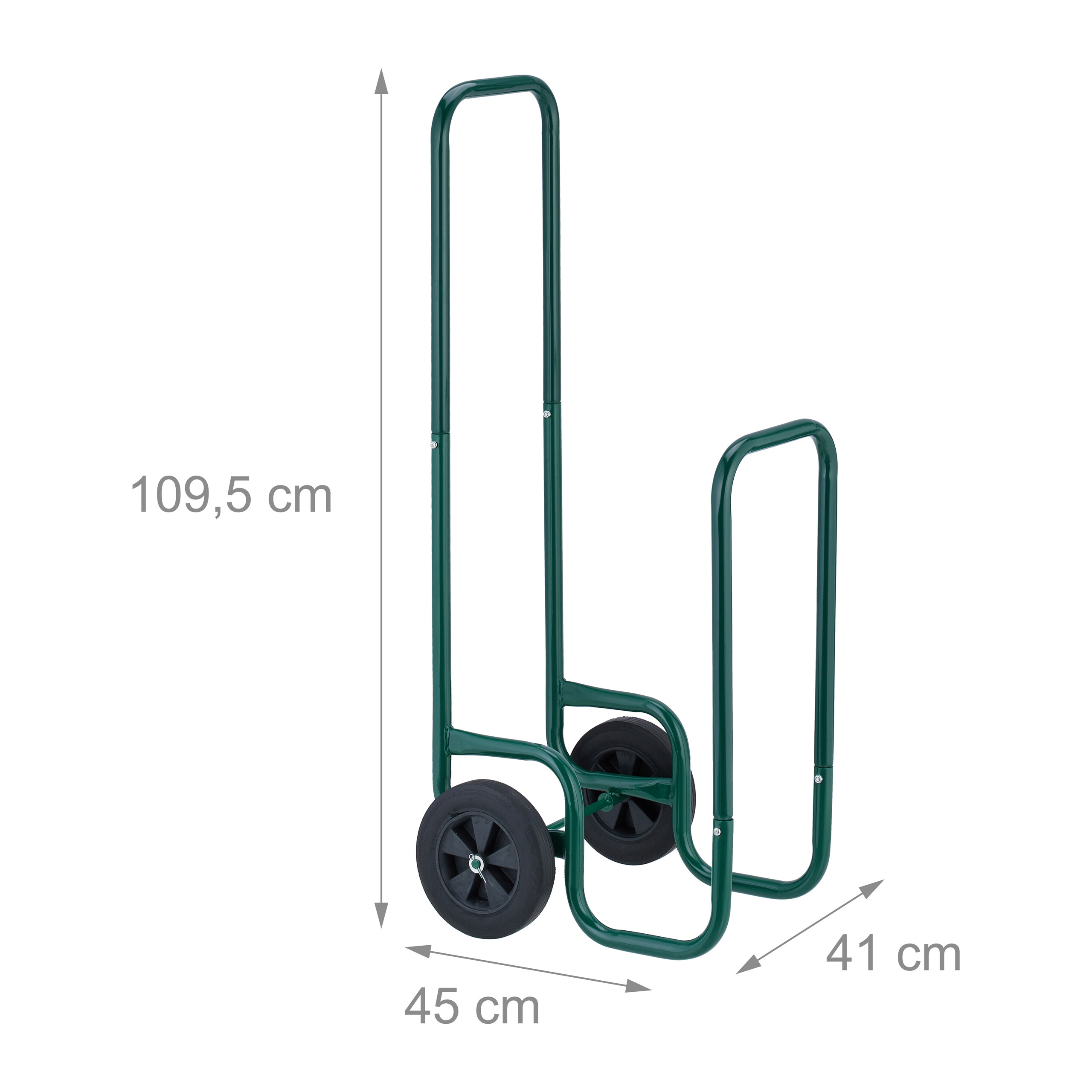 Grüner Kaminholzwagen aus Metall mit zwei Rädern, 109,5 cm hoch, 45 cm breit und 41 cm tief auf weißem Hintergrund.