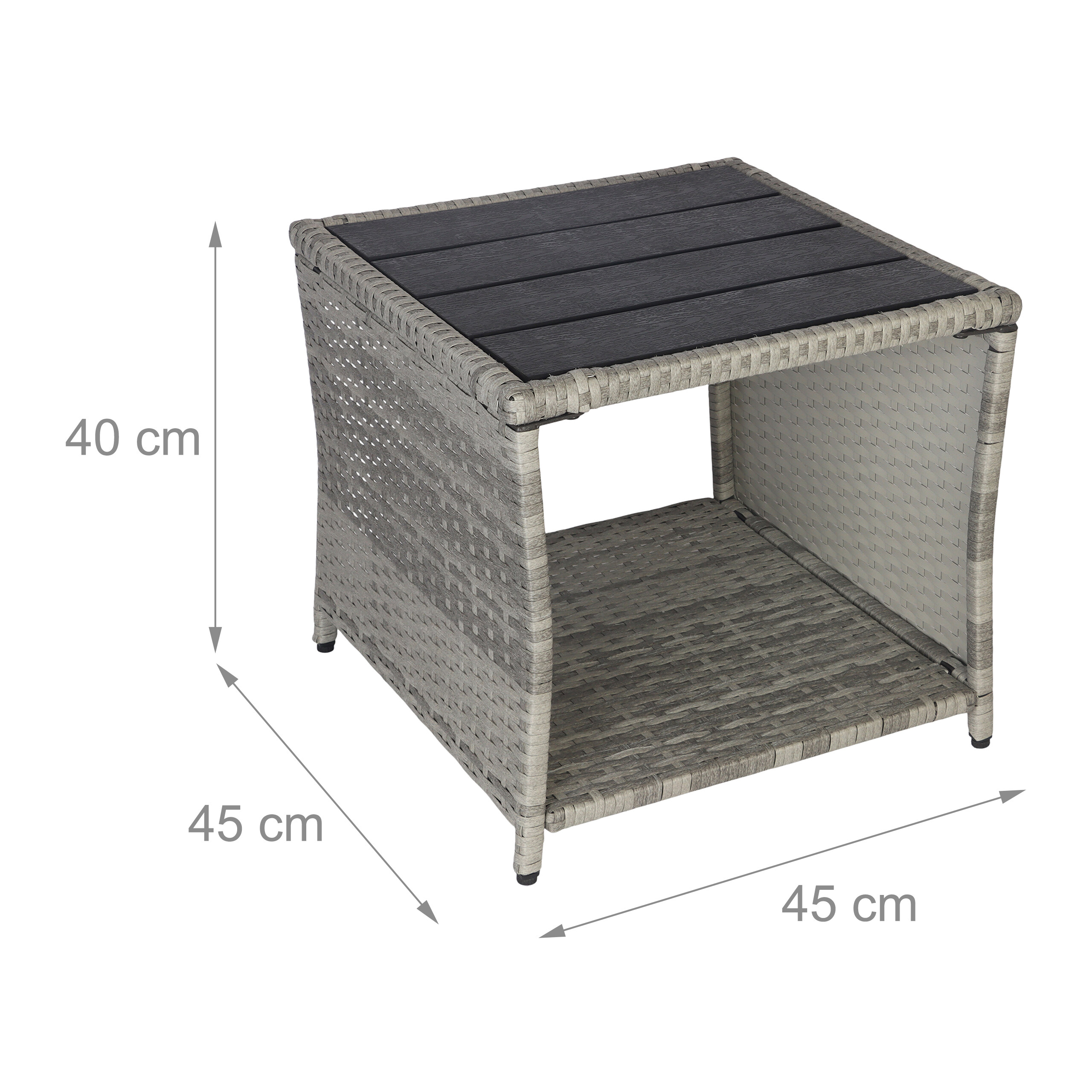 Grauer Rattan-Beistelltisch mit Maßen: 40 cm hoch, 45 cm breit und 45 cm tief.