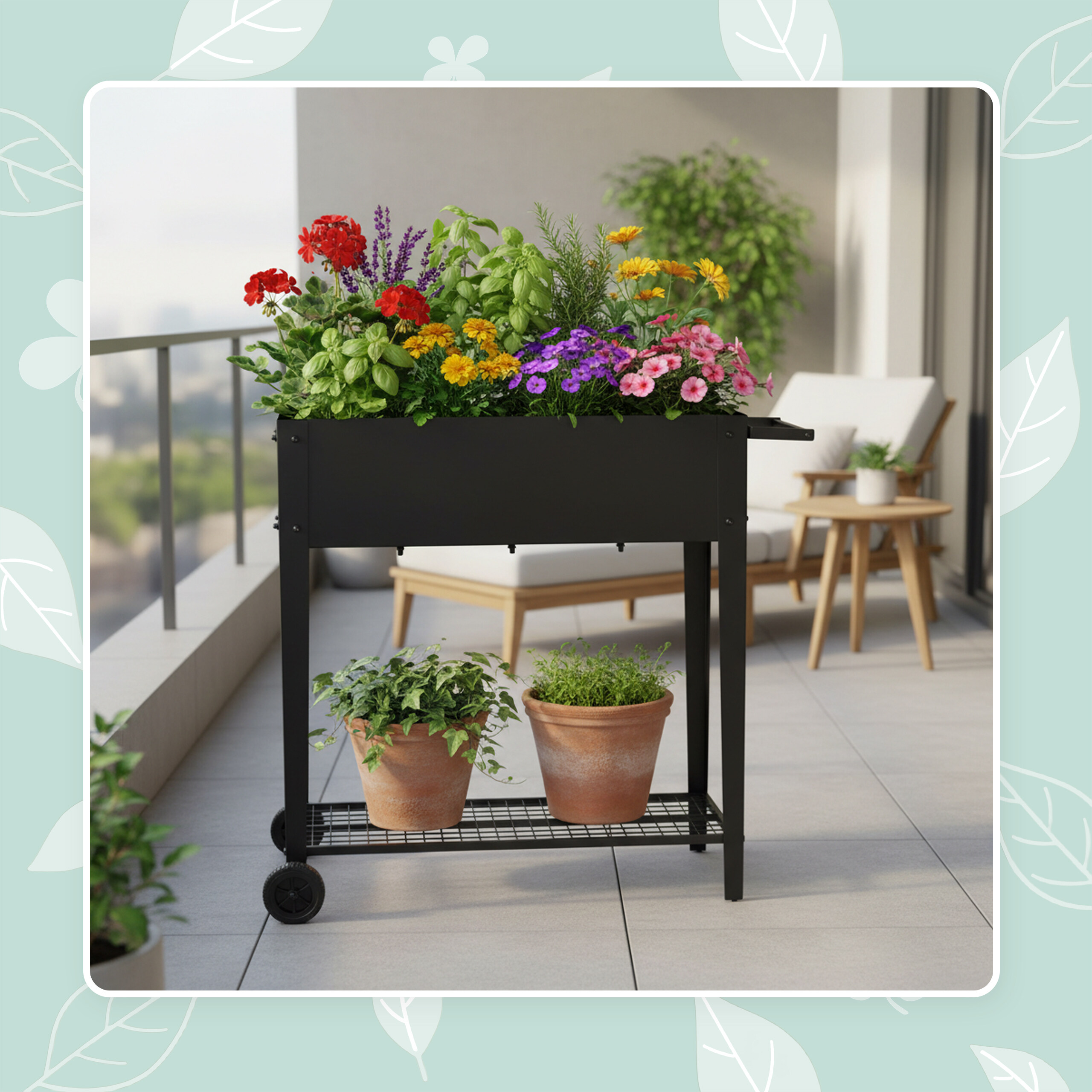 Ein schwarzes mobiles Hochbeet mit bunten Blumen und Kräutern steht auf einem sonnigen Balkon.