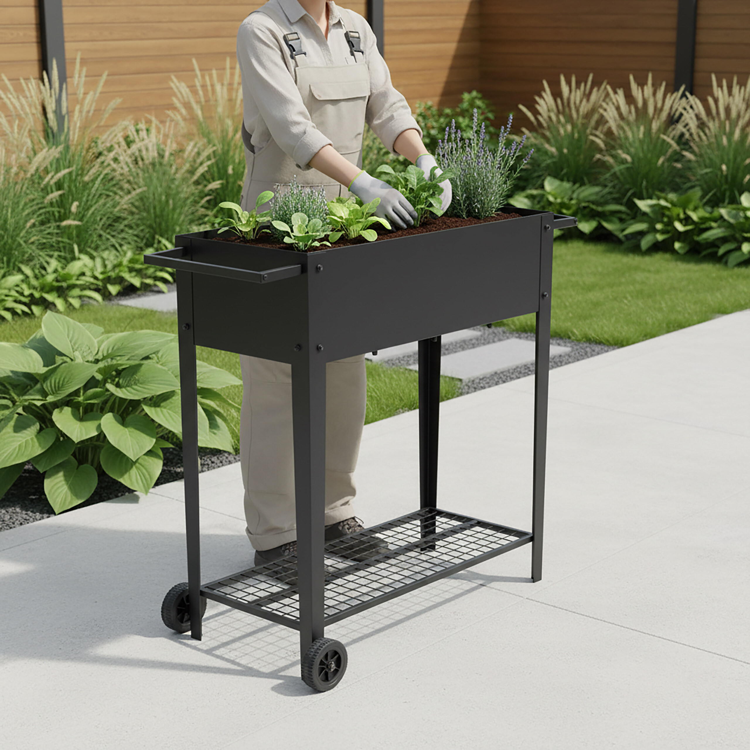 Eine Person gärtnert an einem schwarzen, fahrbaren Hochbeet im Garten.
