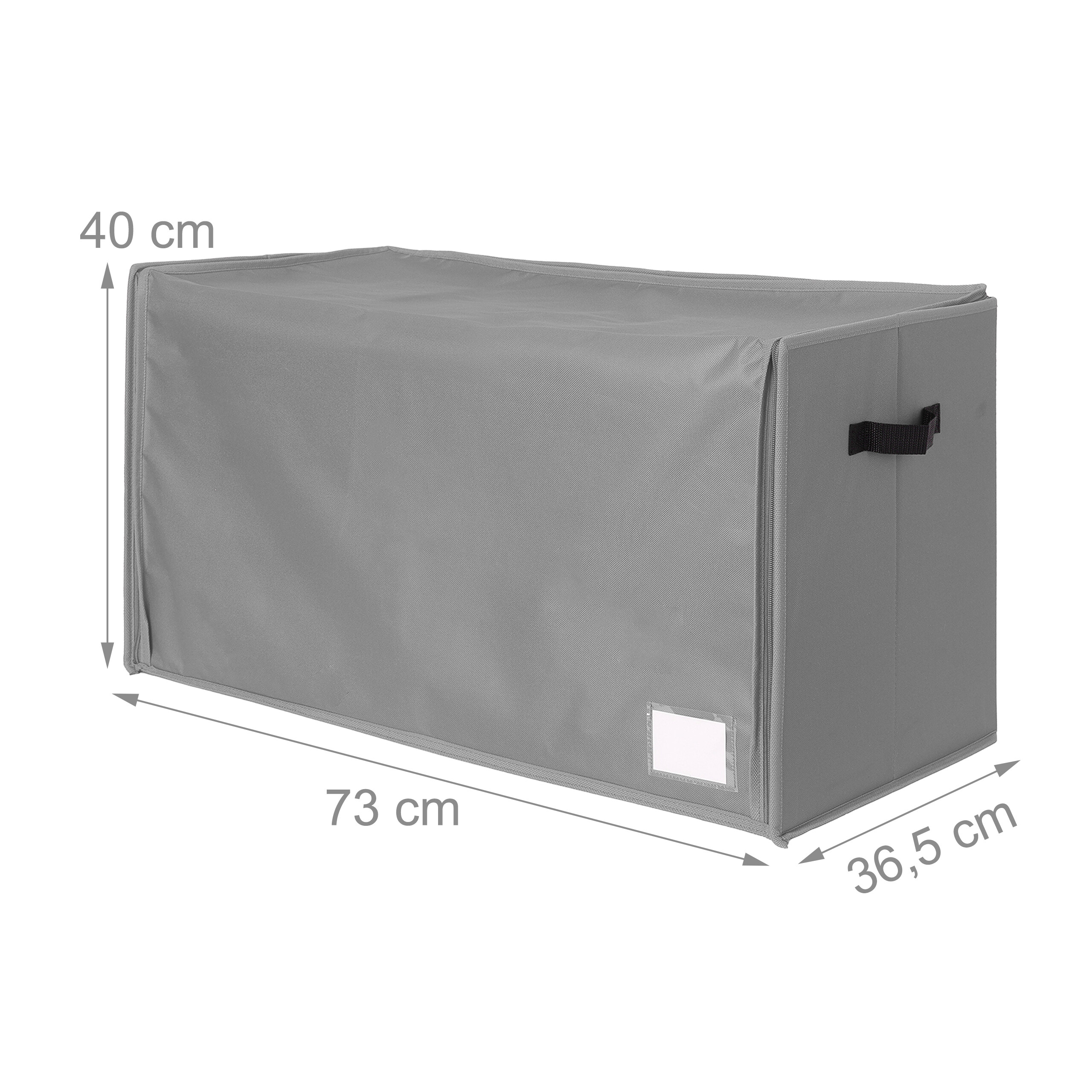 Graue rechteckige Stoffaufbewahrungsbox mit Maßen: 73 cm lang, 36,5 cm breit, 40 cm hoch.