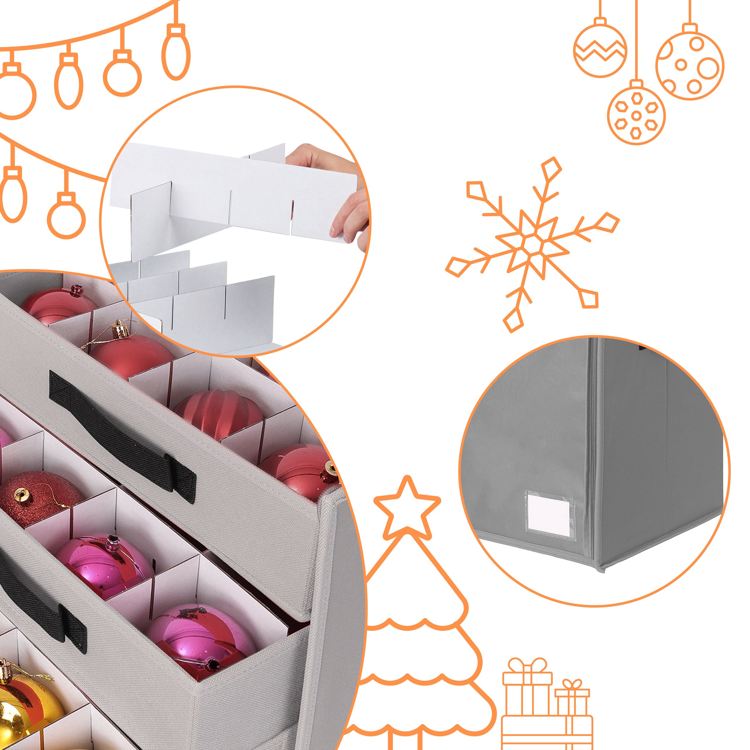 Graue Aufbewahrungsbox mit roten Weihnachtskugeln und Kartonteilern, umgeben von weihnachtlichen Linienzeichnungen.
