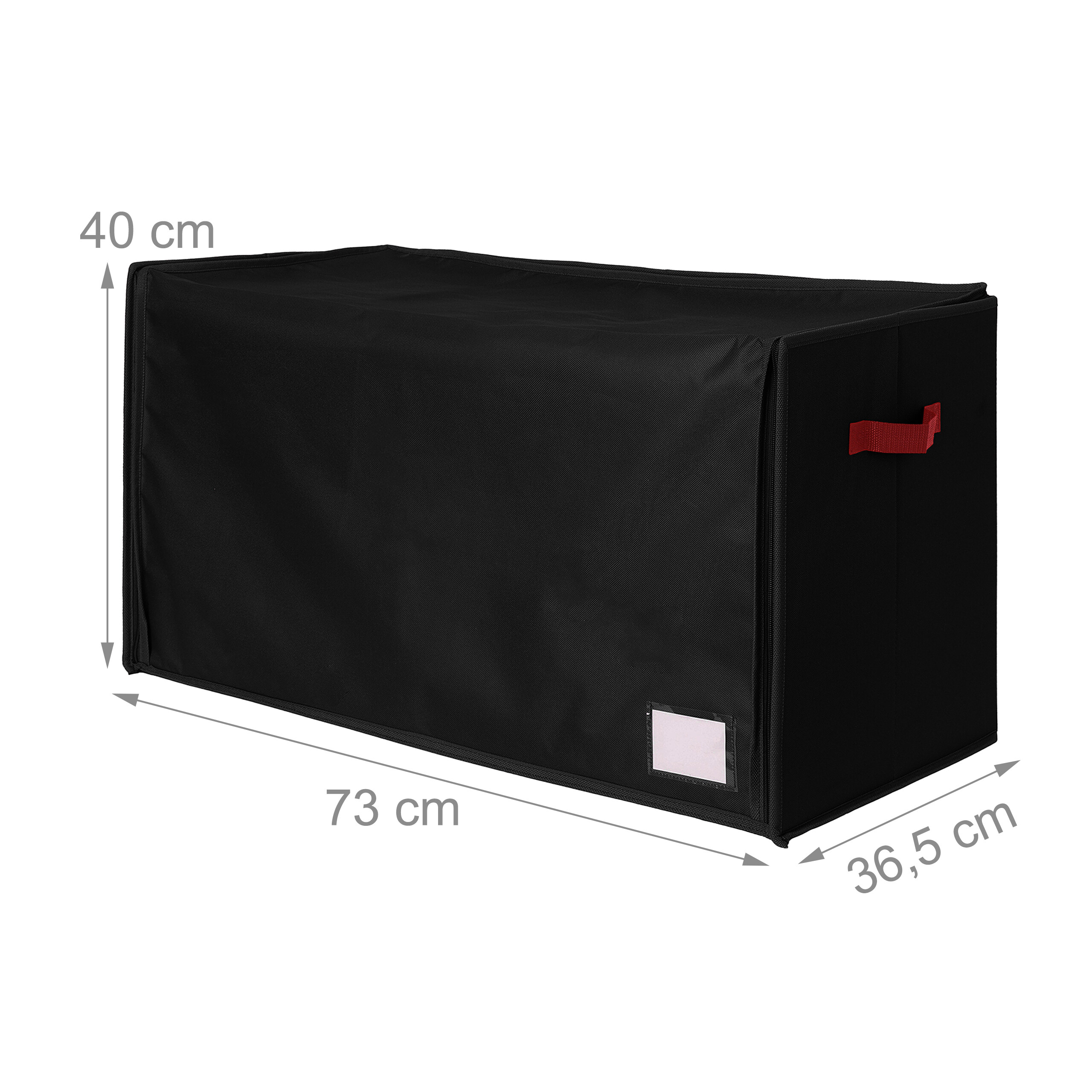 Schwarze Aufbewahrungsbox mit Maßen: 73x36,5x40 cm, rotem Griff und Etikett.