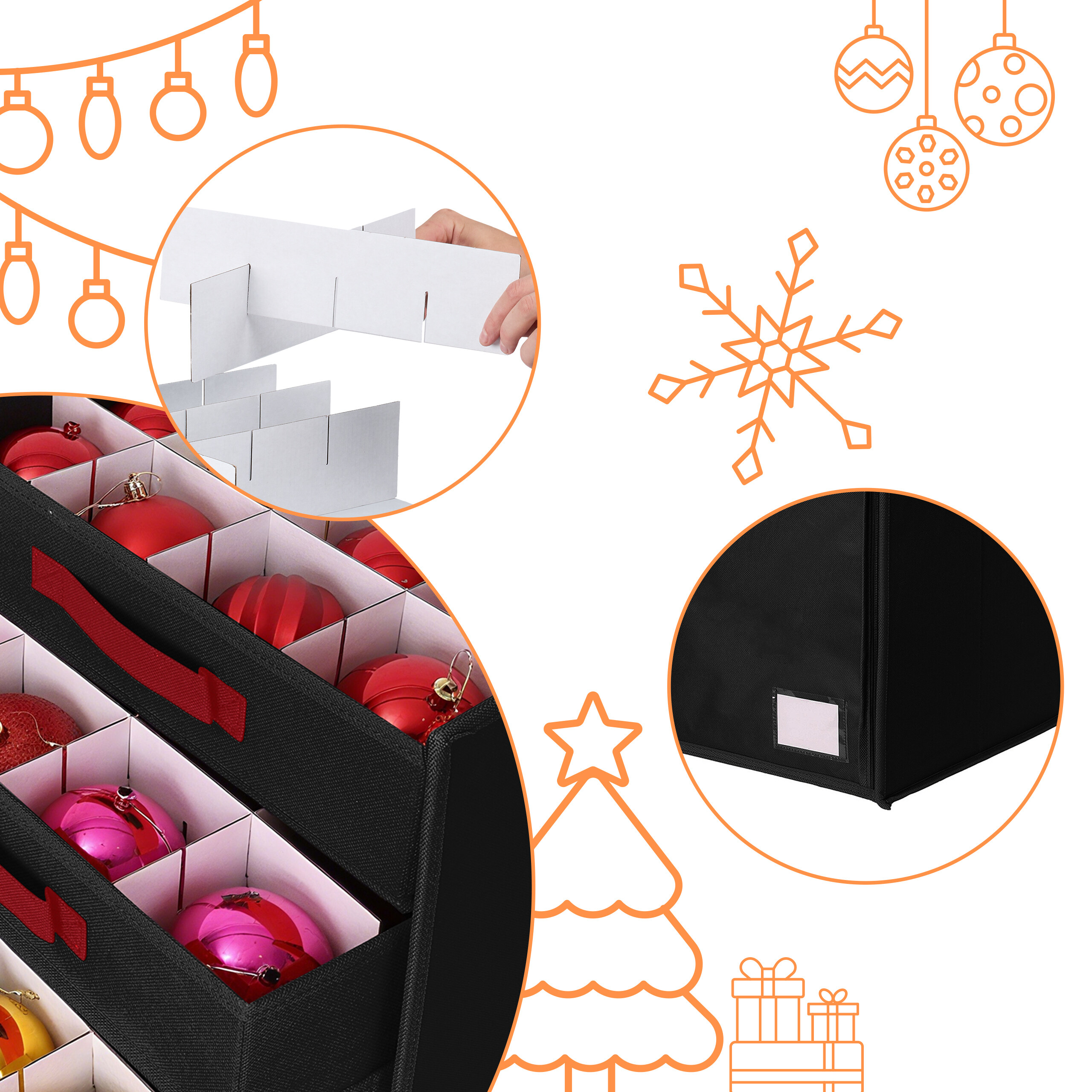 Schwarze Box mit Fächern für Weihnachtskugeln und Kartonteilern.
