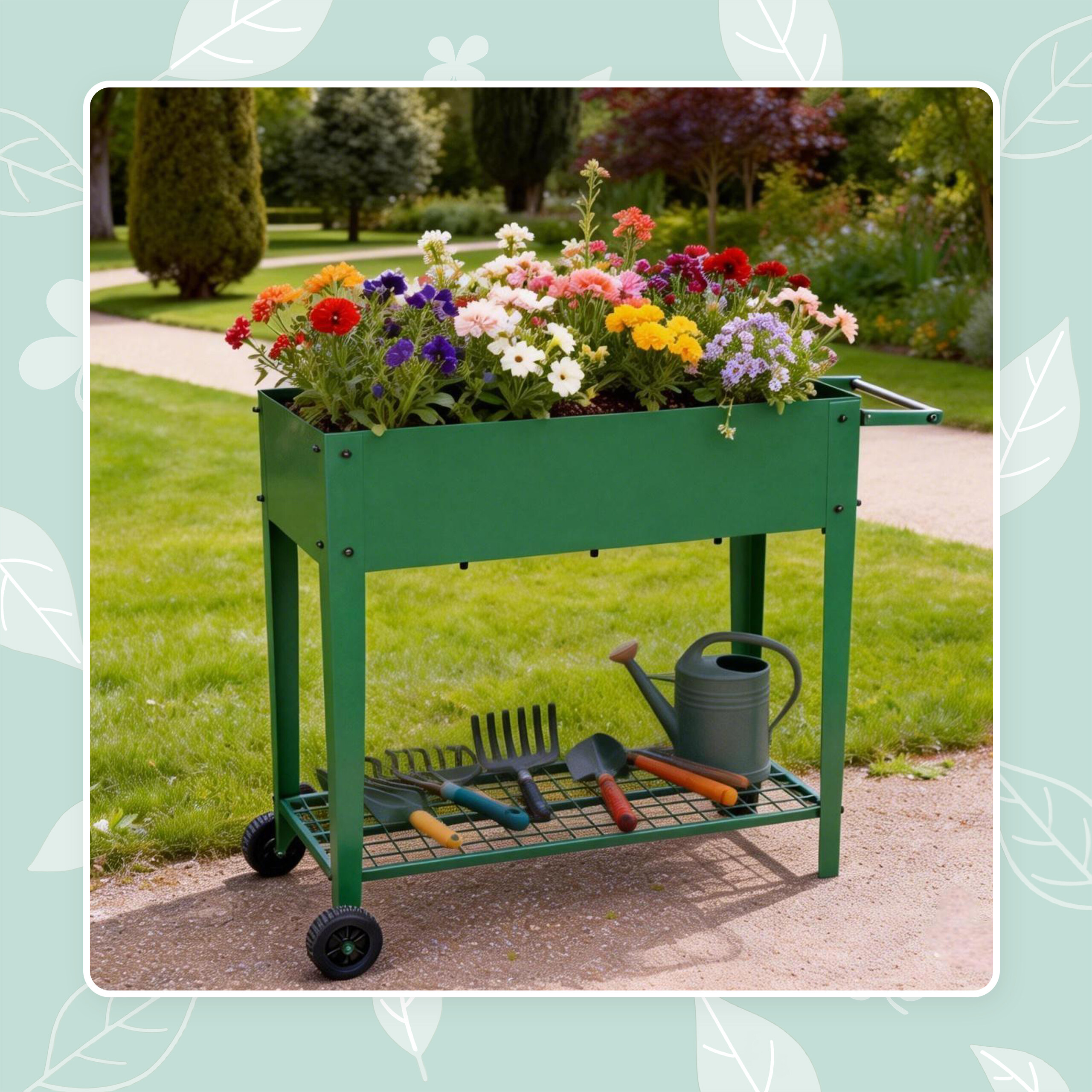 Ein grüner Metallgartenwagen mit bunten Blumen oben und Gartengeräten im unteren Regal in einem Park.