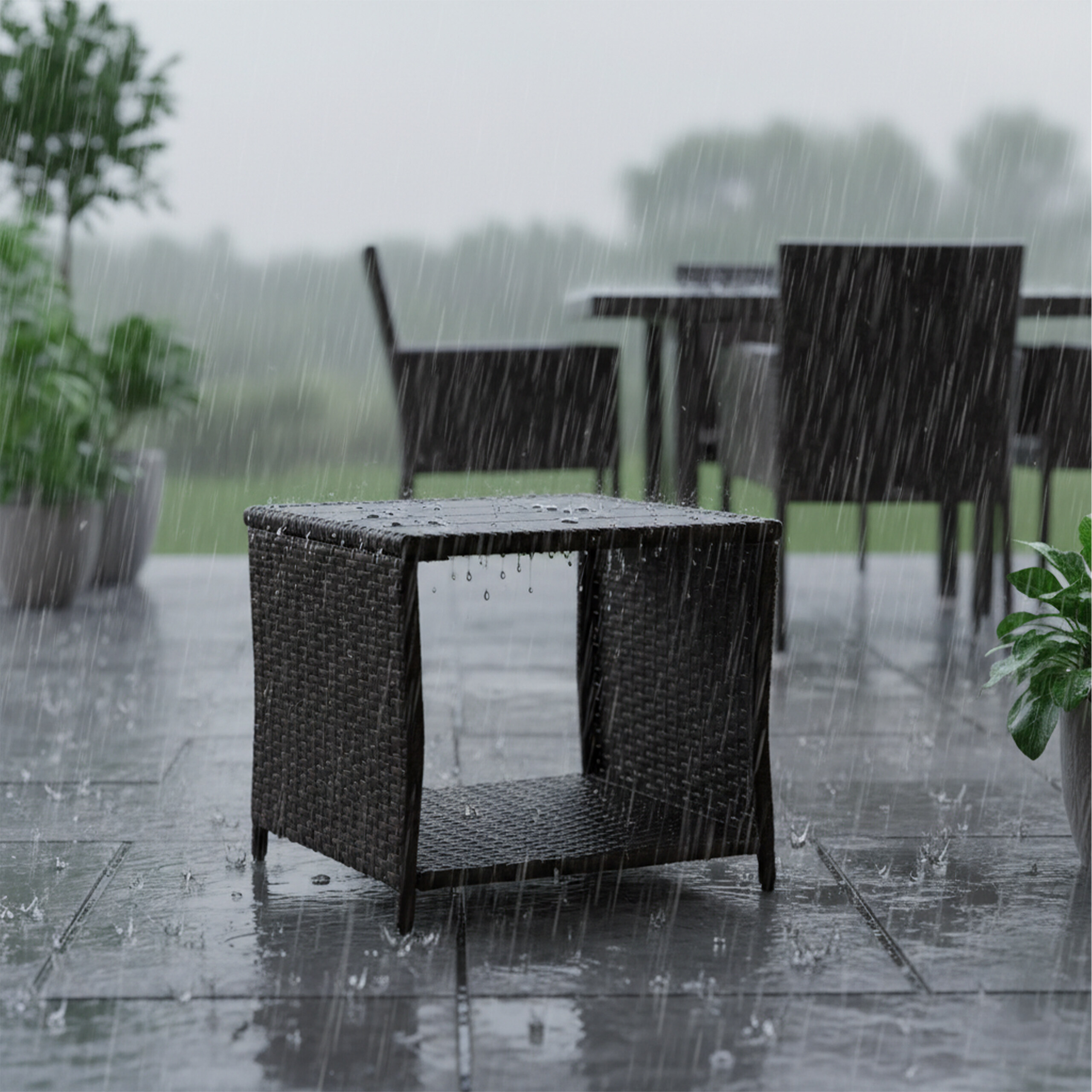 Ein kleiner dunkelbrauner Rattan-Beistelltisch steht im Regen auf einer gefliesten Terrasse mit Gartenmöbeln im Hintergrund.