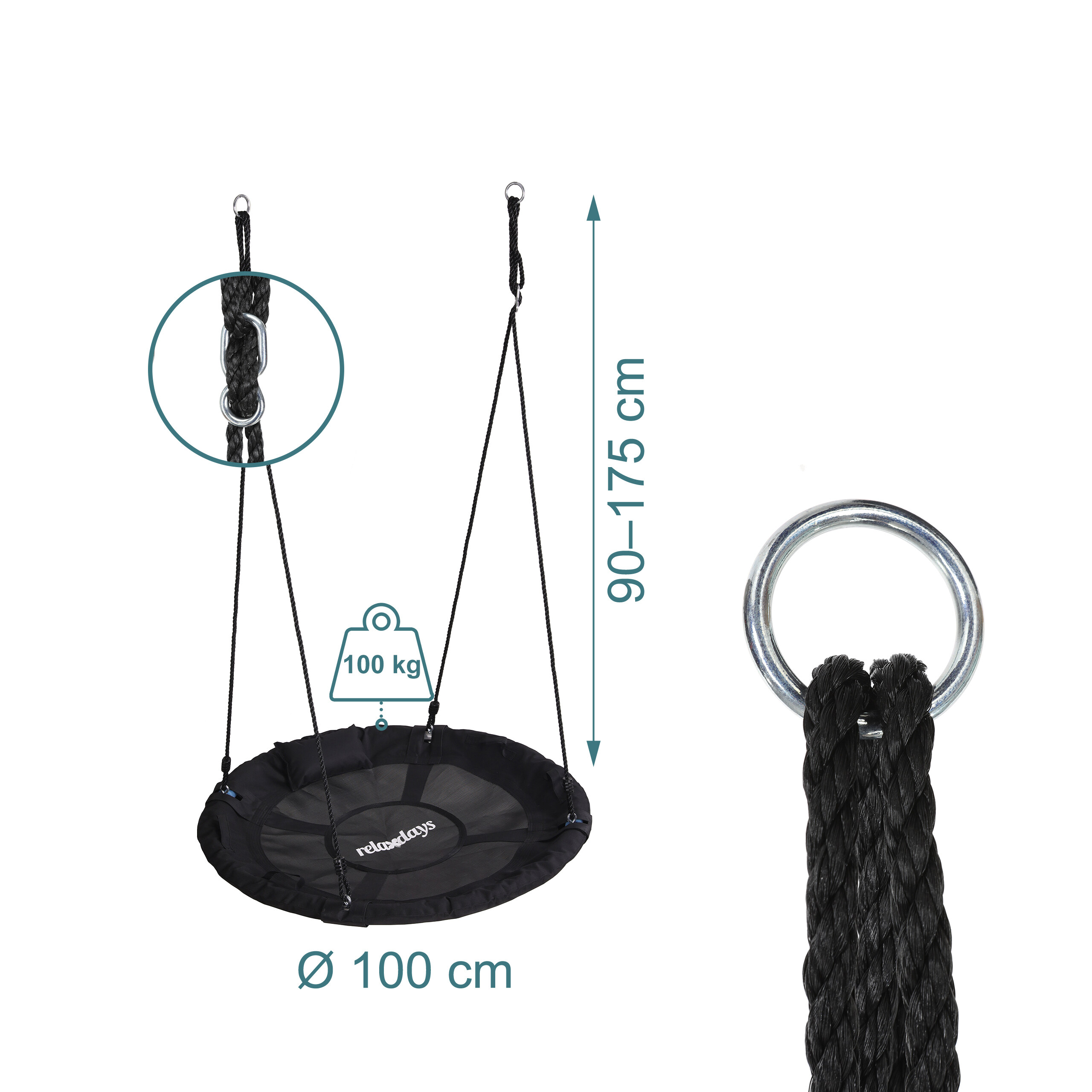 Schwarze Nestschaukel mit 100 cm Durchmesser, 90-175 cm Höhe und 100 kg Tragkraft, inklusive Ringdetail.