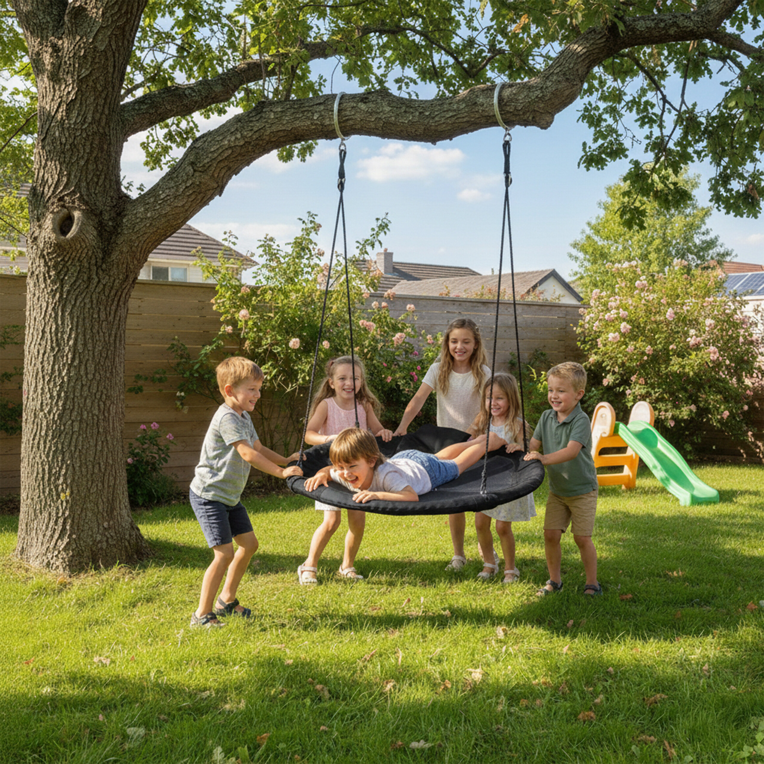 Fünf Kinder spielen im Garten, während ein Kind auf einer runden Schaukel liegt, die von den anderen angeschoben wird.