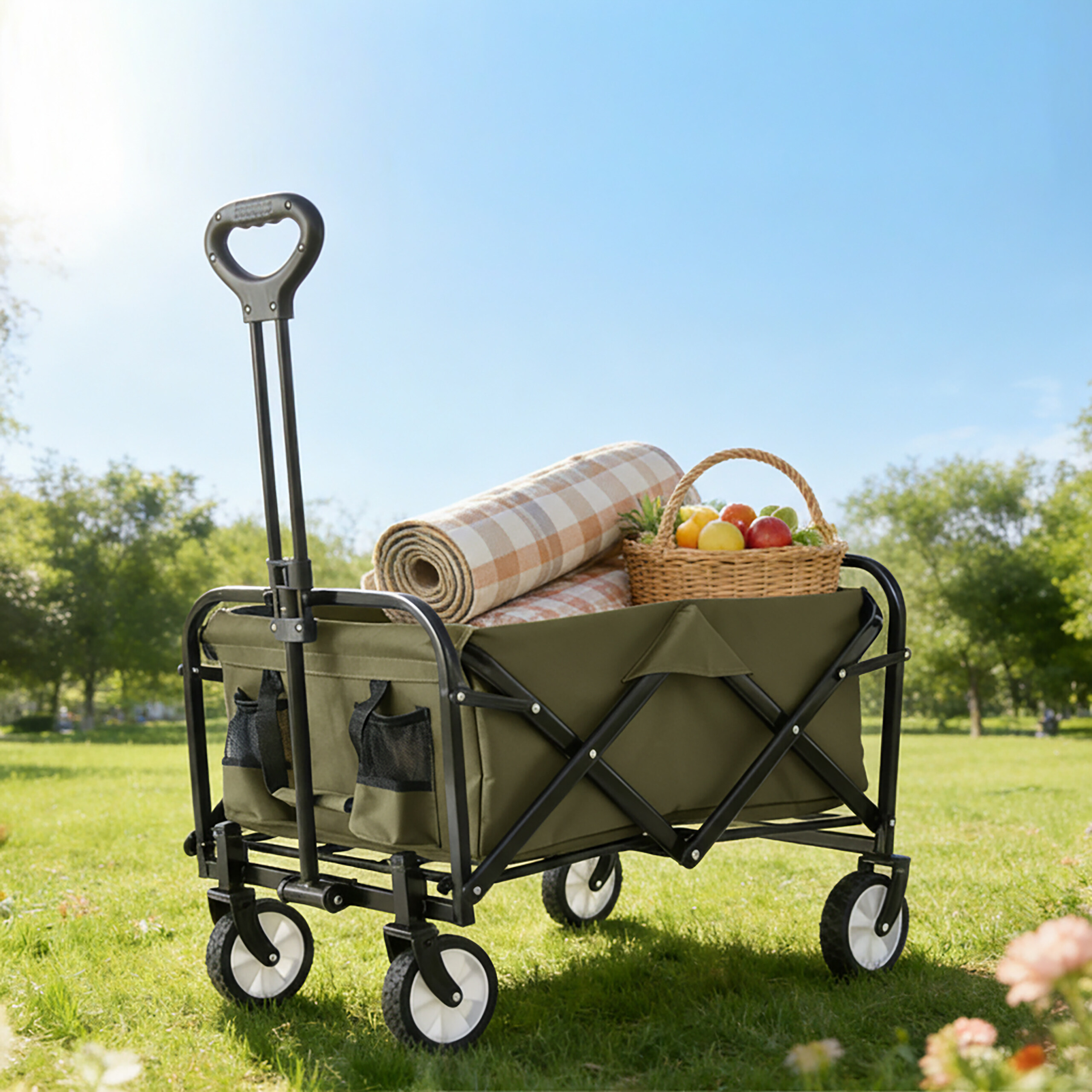 Ein grüner Bollerwagen auf Rasen mit Decke und Obstkorb vor blauem Himmel.