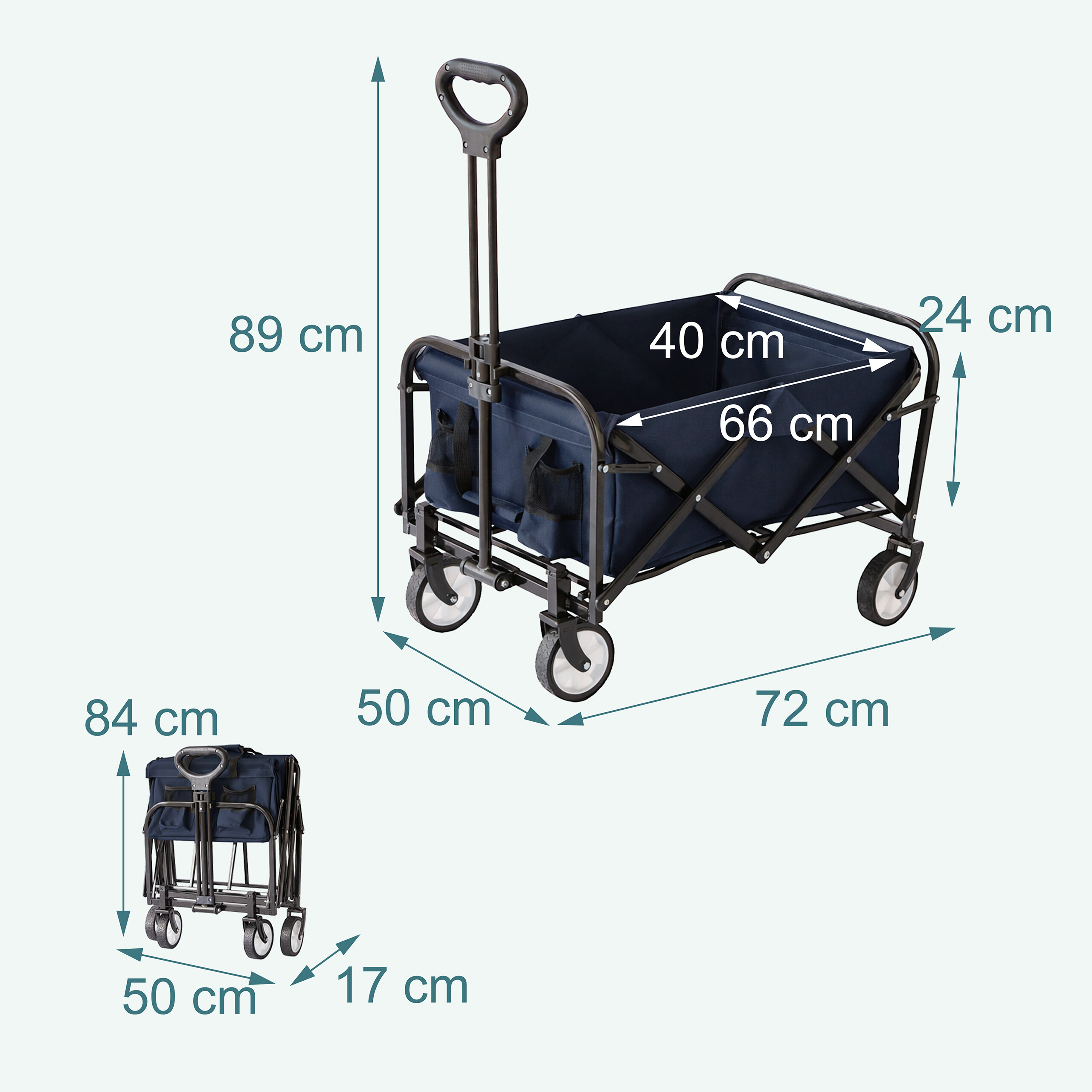 Faltbarer blauer Bollerwagen mit Metallrahmen und Maßen für offene und gefaltete Zustände.