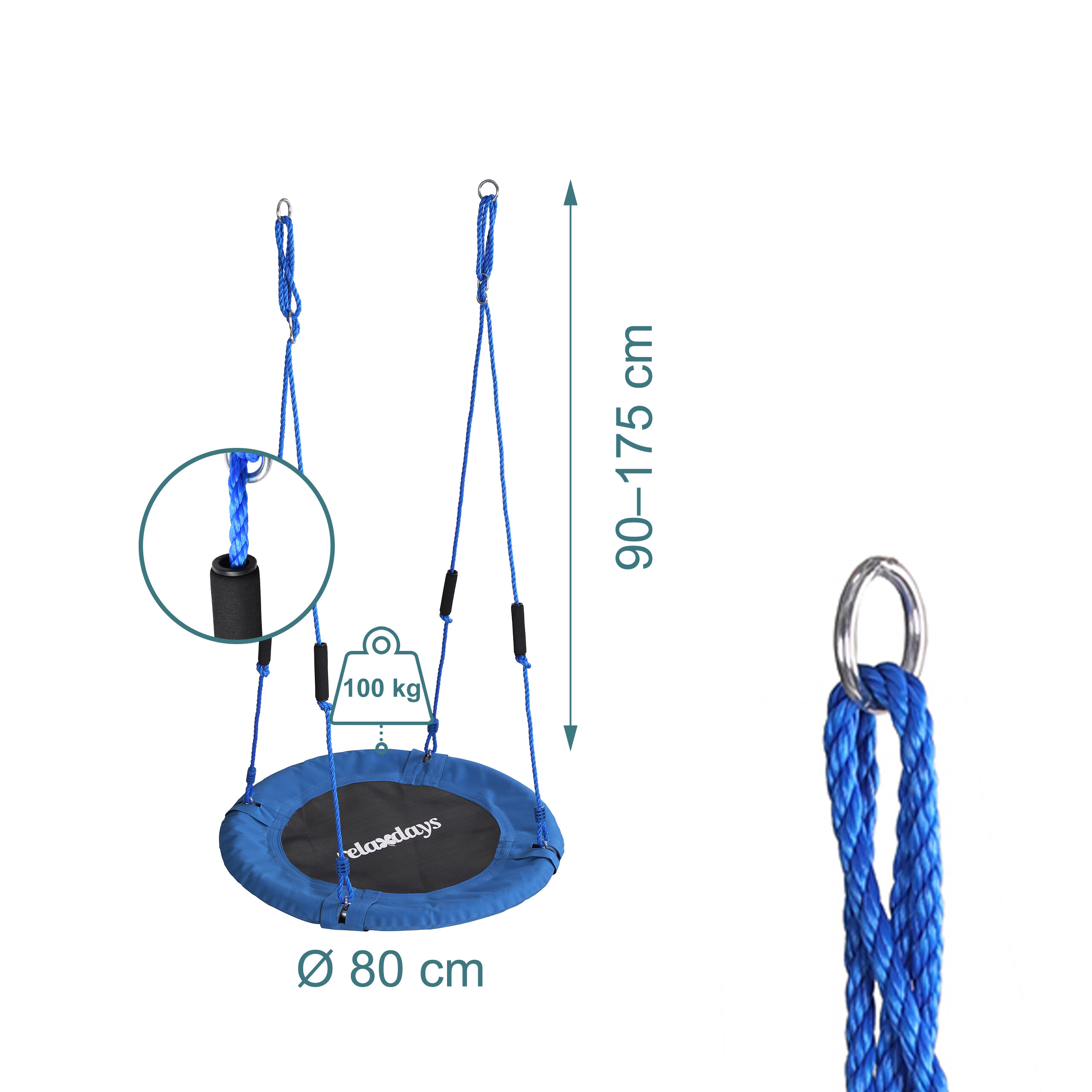 Blaue Nestschaukel mit 80 cm Durchmesser, 100 kg Belastbarkeit und verstellbaren Seilen.