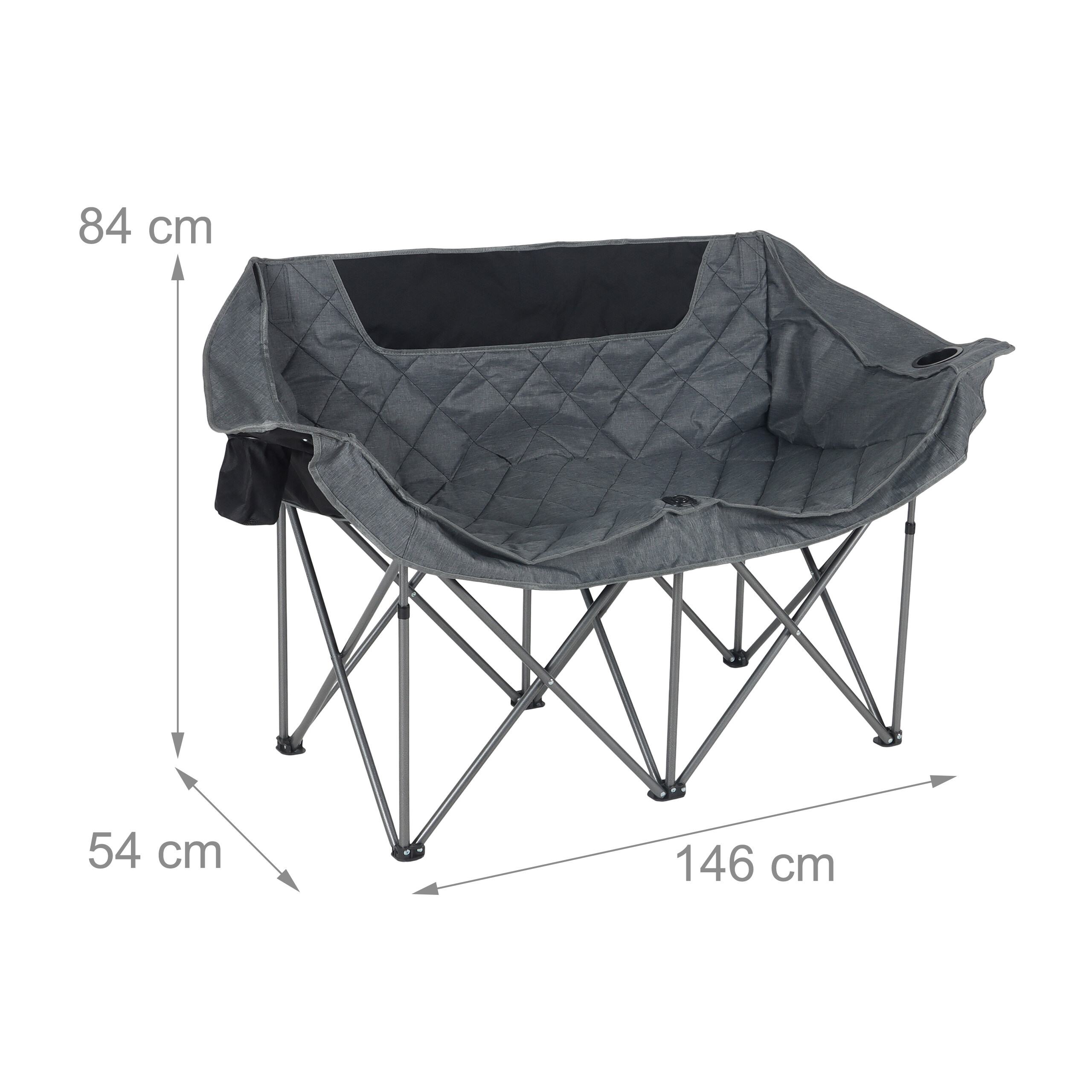 Grauer, gefütterter Camping-Doppelsessel mit Metallgestell und Maßen von 146x54x84 cm auf weißem Hintergrund.