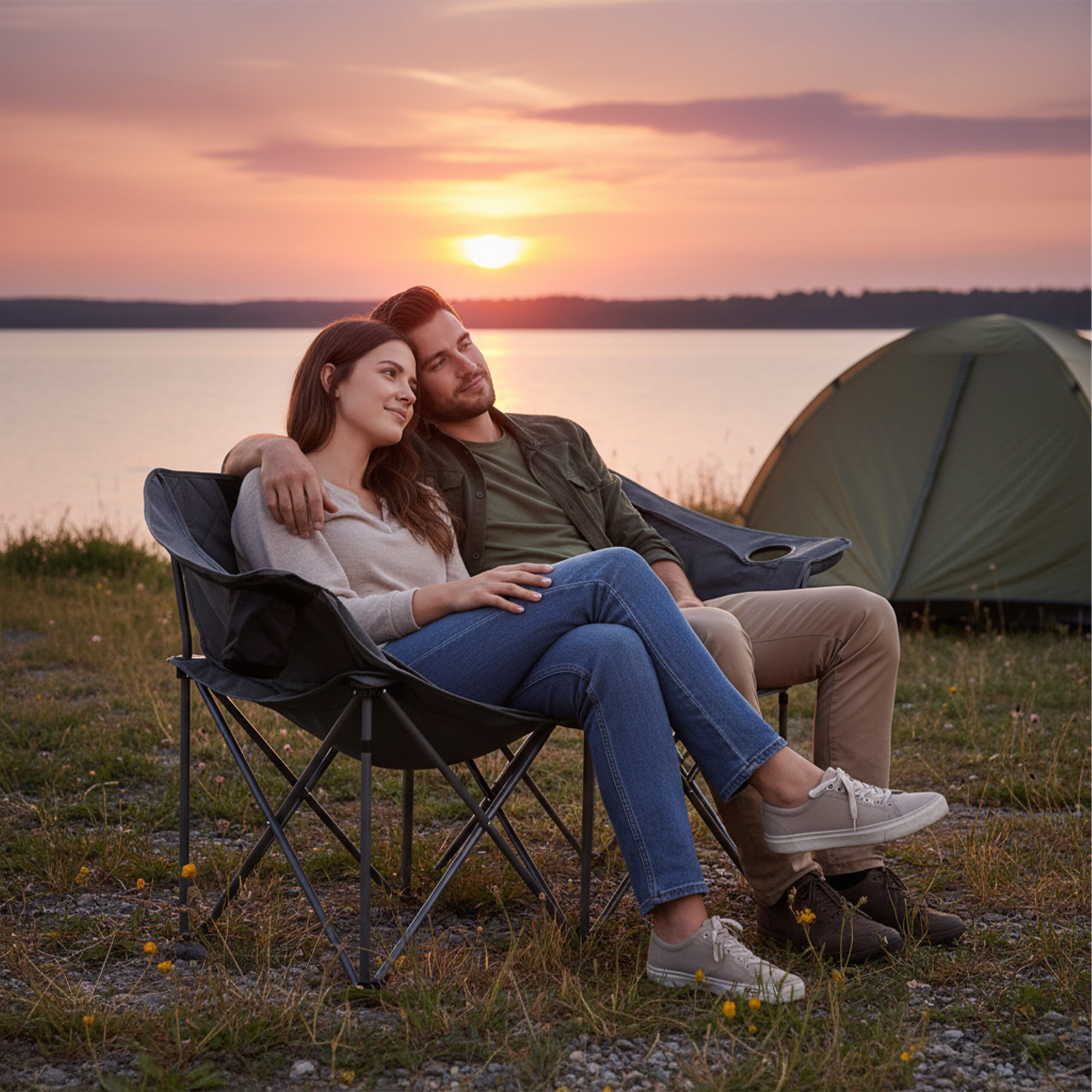 Paar sitzt bei Sonnenuntergang in Campingstühlen am See vor einem Zelt.
