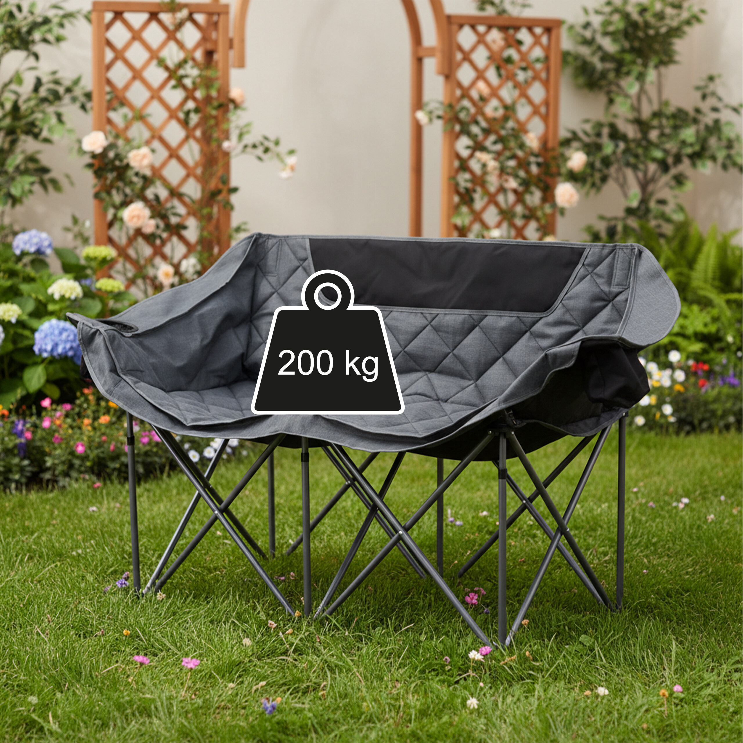 Ein grauer, faltbarer Doppel-Campingstuhl mit einem 200 kg Gewichtslimit steht auf einer grünen Wiese im Garten.