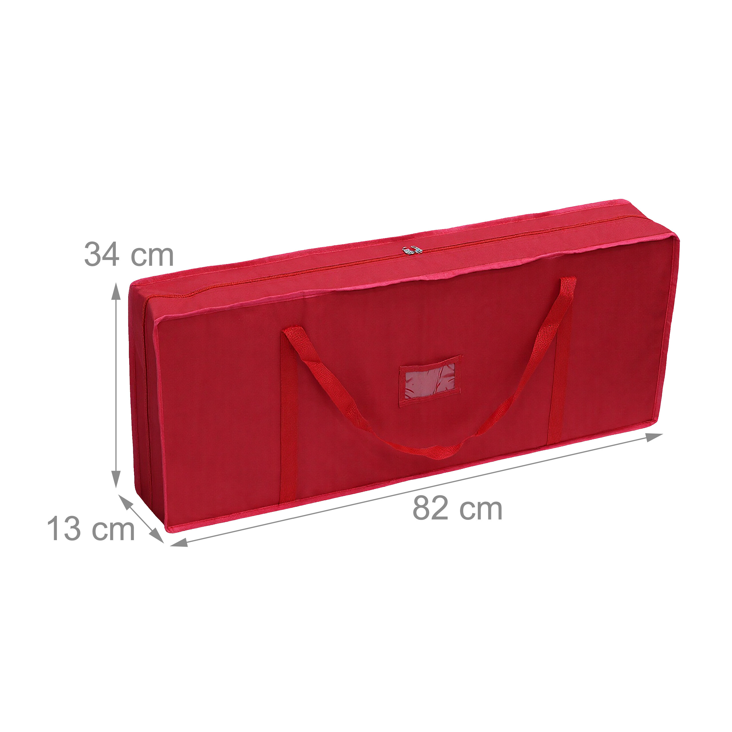 Rote Aufbewahrungstasche mit Griffen und Reißverschluss, mit Maßangaben von 82x34x13 cm.