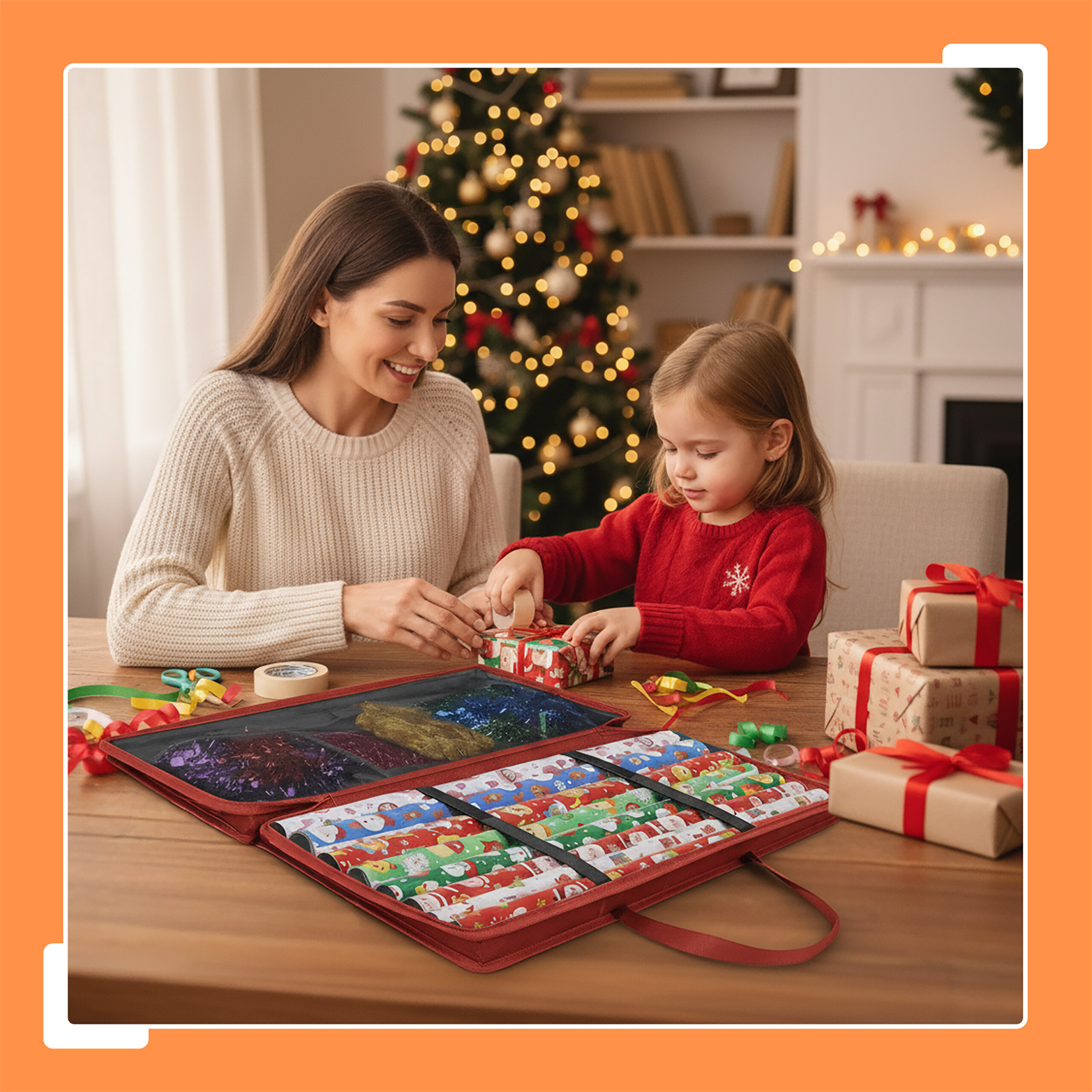 Eine Frau und ein Mädchen wickeln vor einem Weihnachtsbaum Geschenke ein.