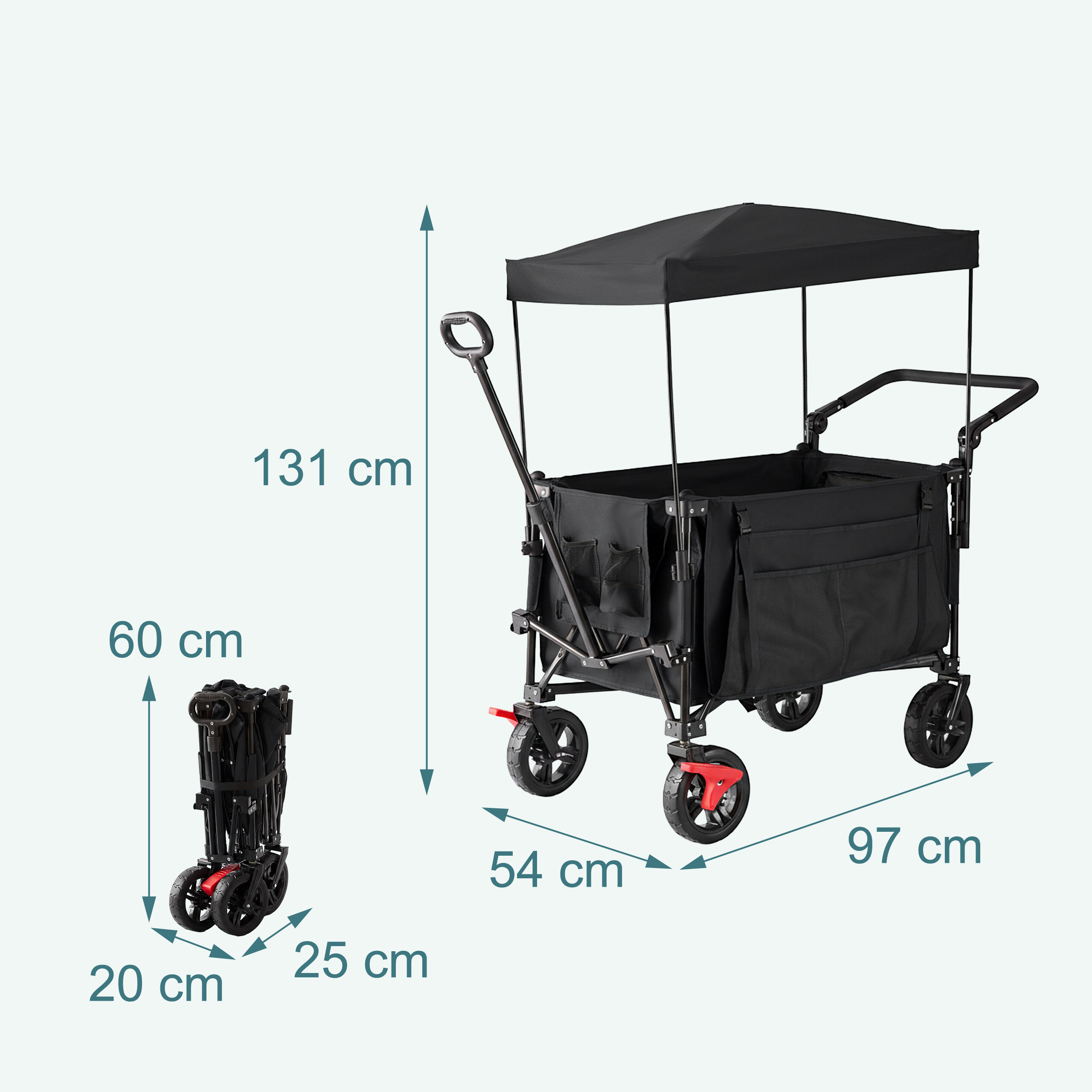 Ein schwarzer Faltbollerwagen mit Dach und Maßangaben für offene und geschlossene Zustände.