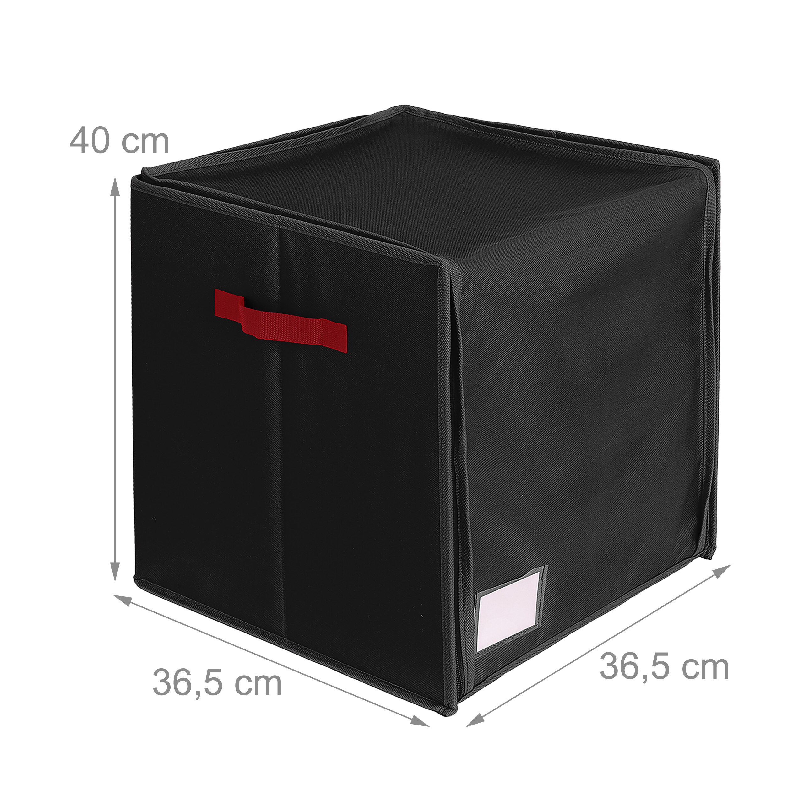 Schwarze Stoff-Aufbewahrungsbox mit rotem Griff und Maßangaben in Zentimetern auf weißem Hintergrund.