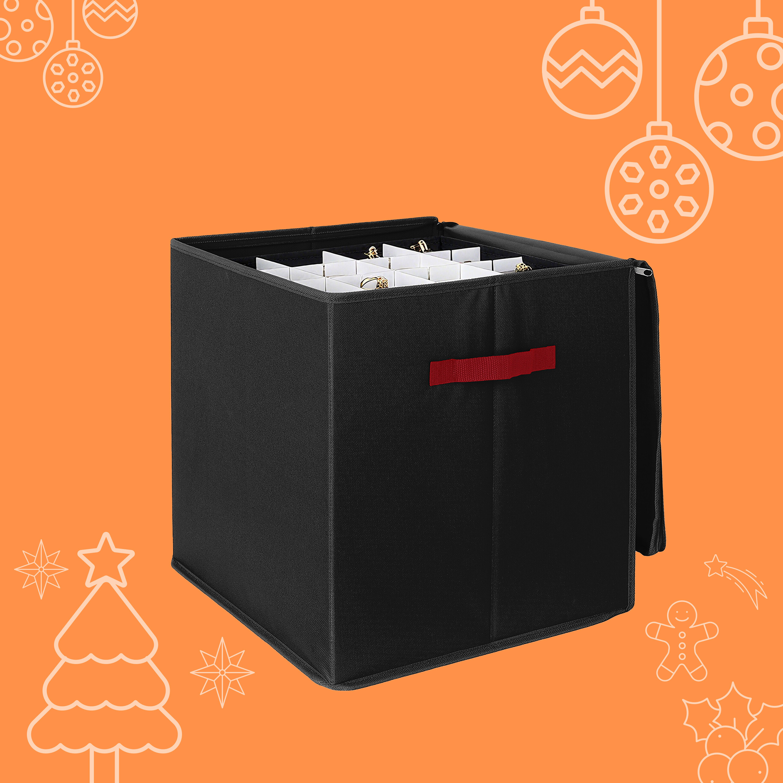 Schwarze Aufbewahrungsbox für Weihnachtsschmuck mit Facheinsätzen vor einem orangefarbenen Hintergrund mit Symbolen.