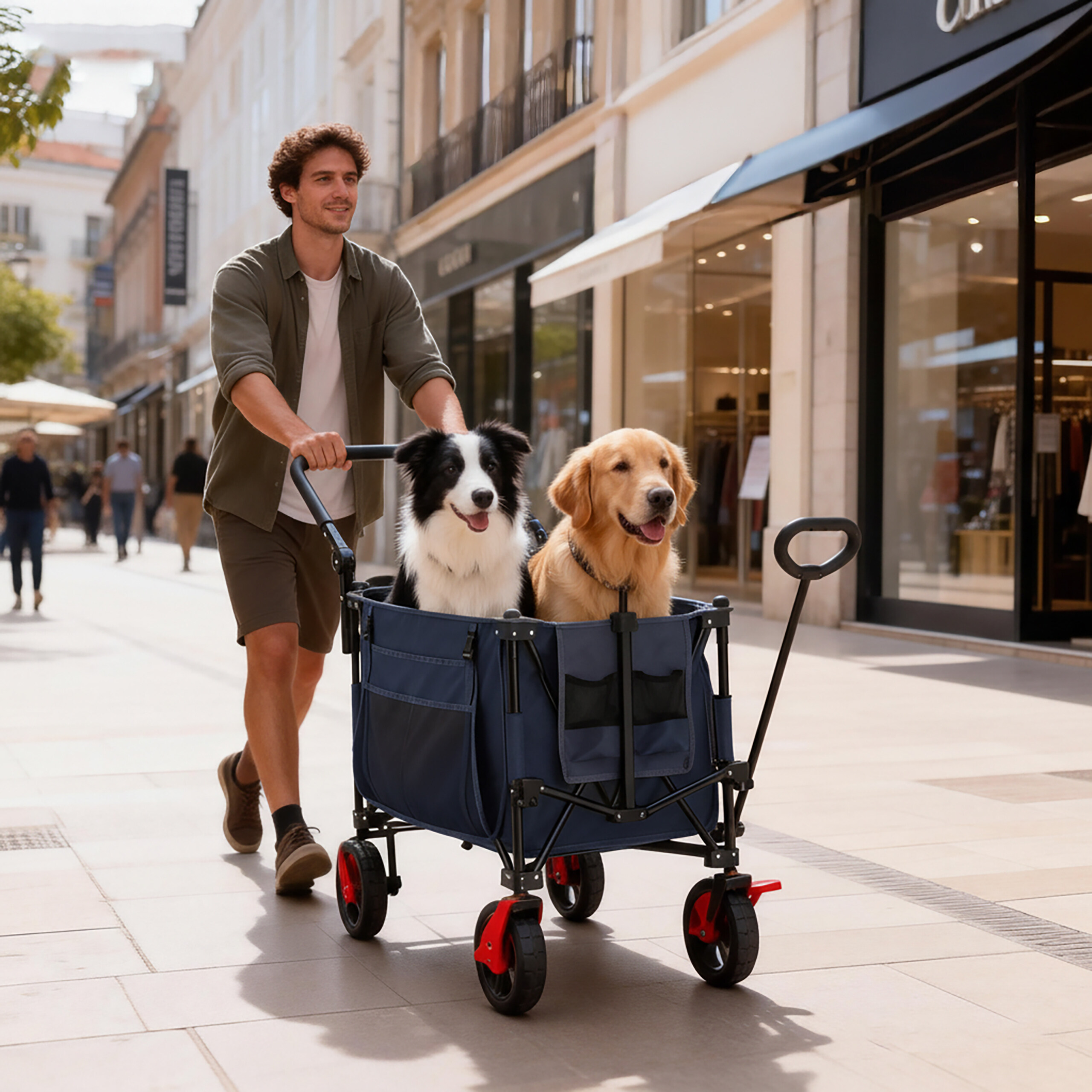 Ein Mann schiebt einen blauen Bollerwagen mit einem Border Collie und einem Golden Retriever in einer Fußgängerzone.