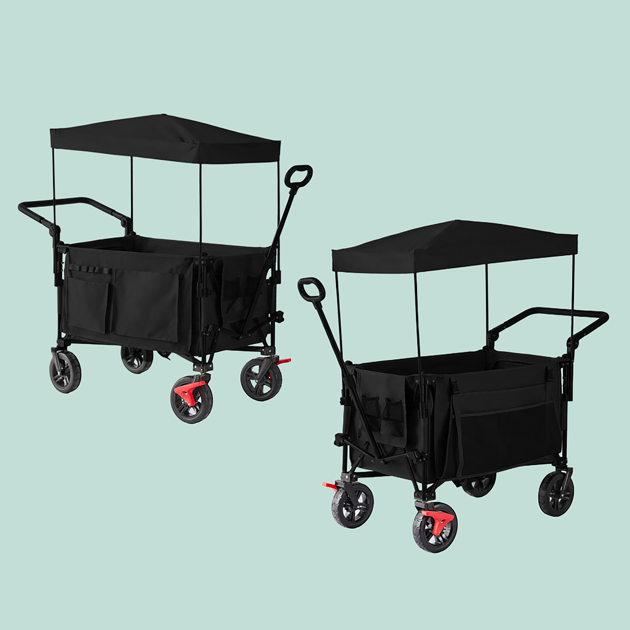 Zwei schwarze Bollerwagen mit abnehmbarem Dach und seitlichen Taschen vor hellem Hintergrund.