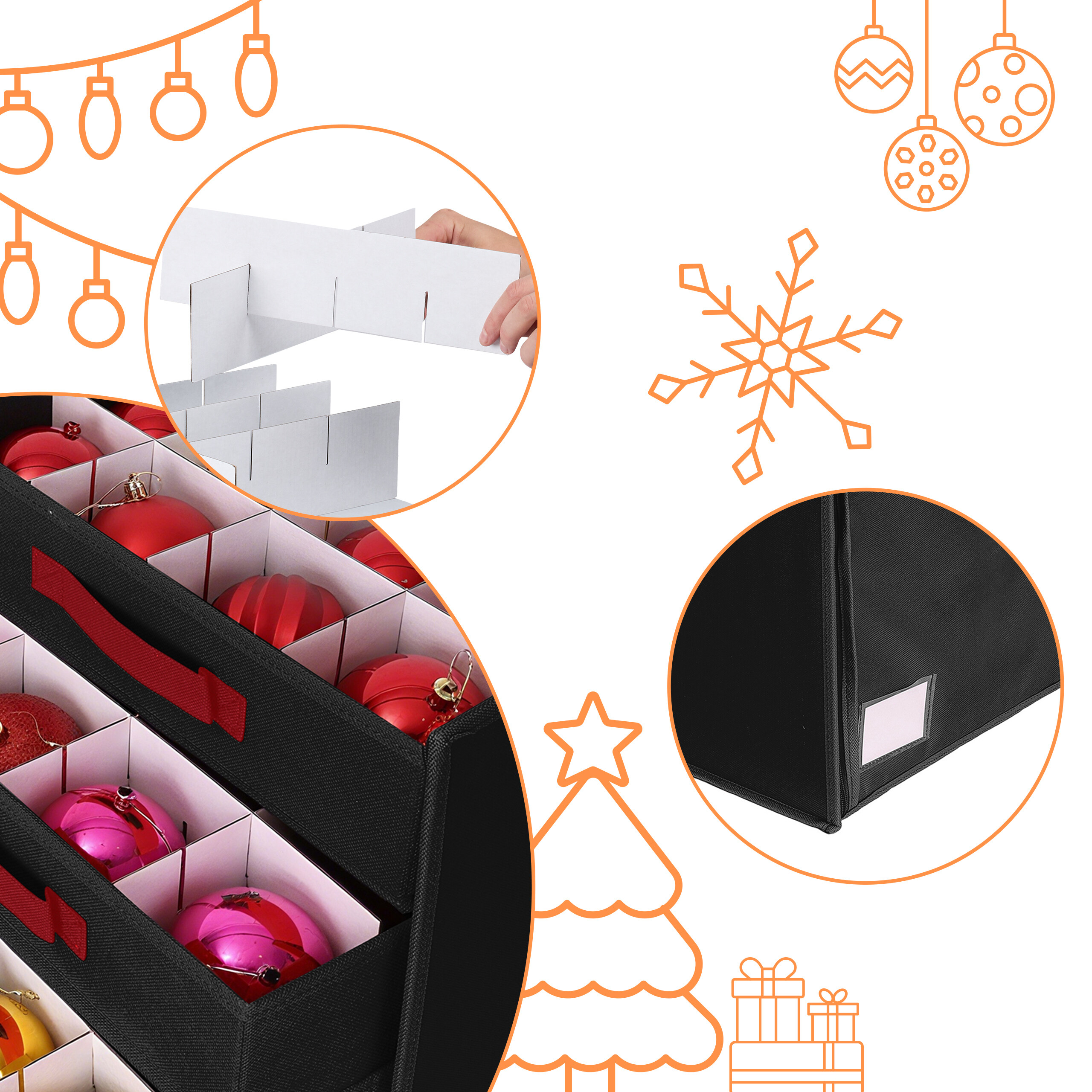 Eine schwarze Aufbewahrungsbox mit weißen Unterteilungen für rote und rosa Weihnachtskugeln.