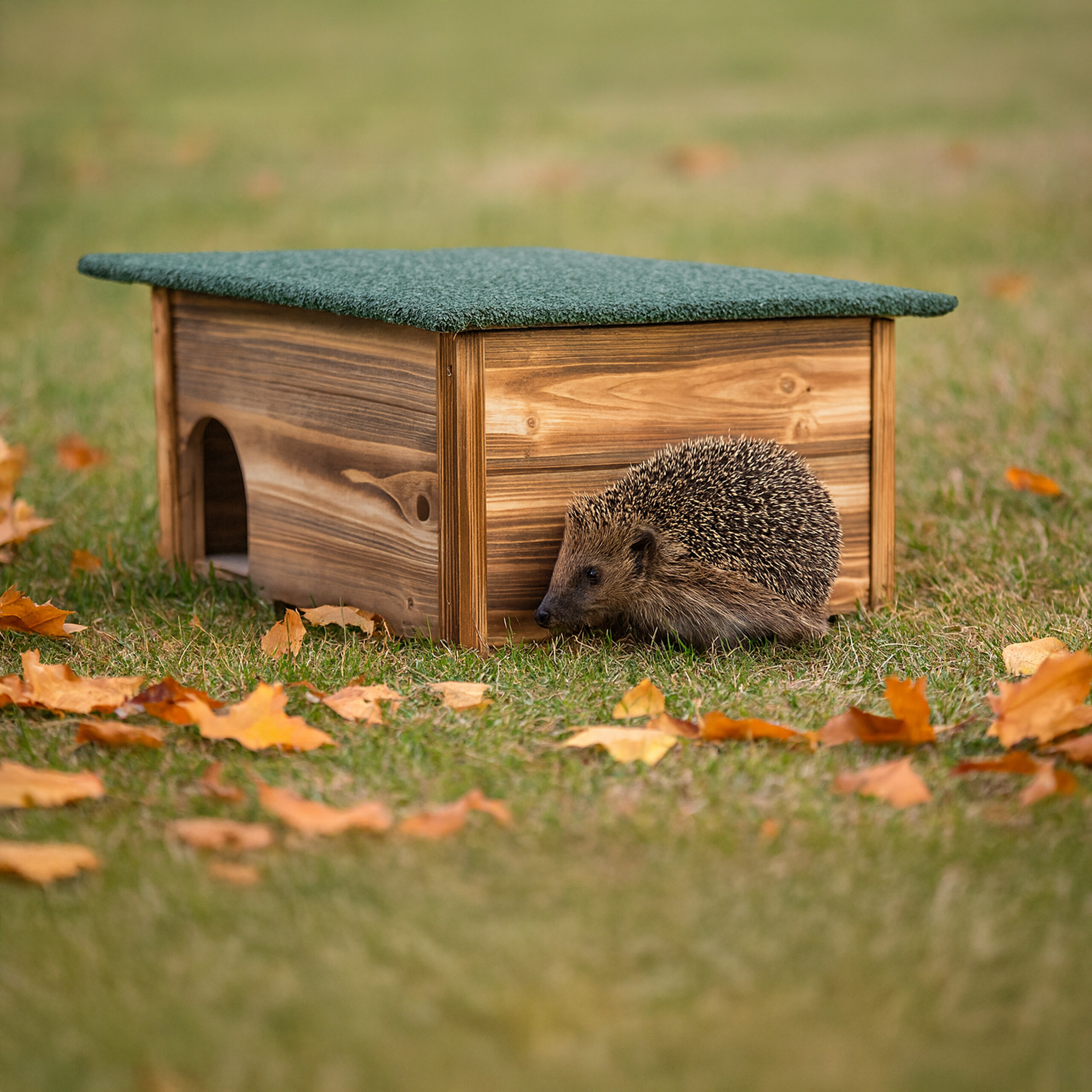 Ein kleiner Igel steht im Herbstlaub vor einem hölzernen Igelhaus mit grünem Dach auf einer Wiese.