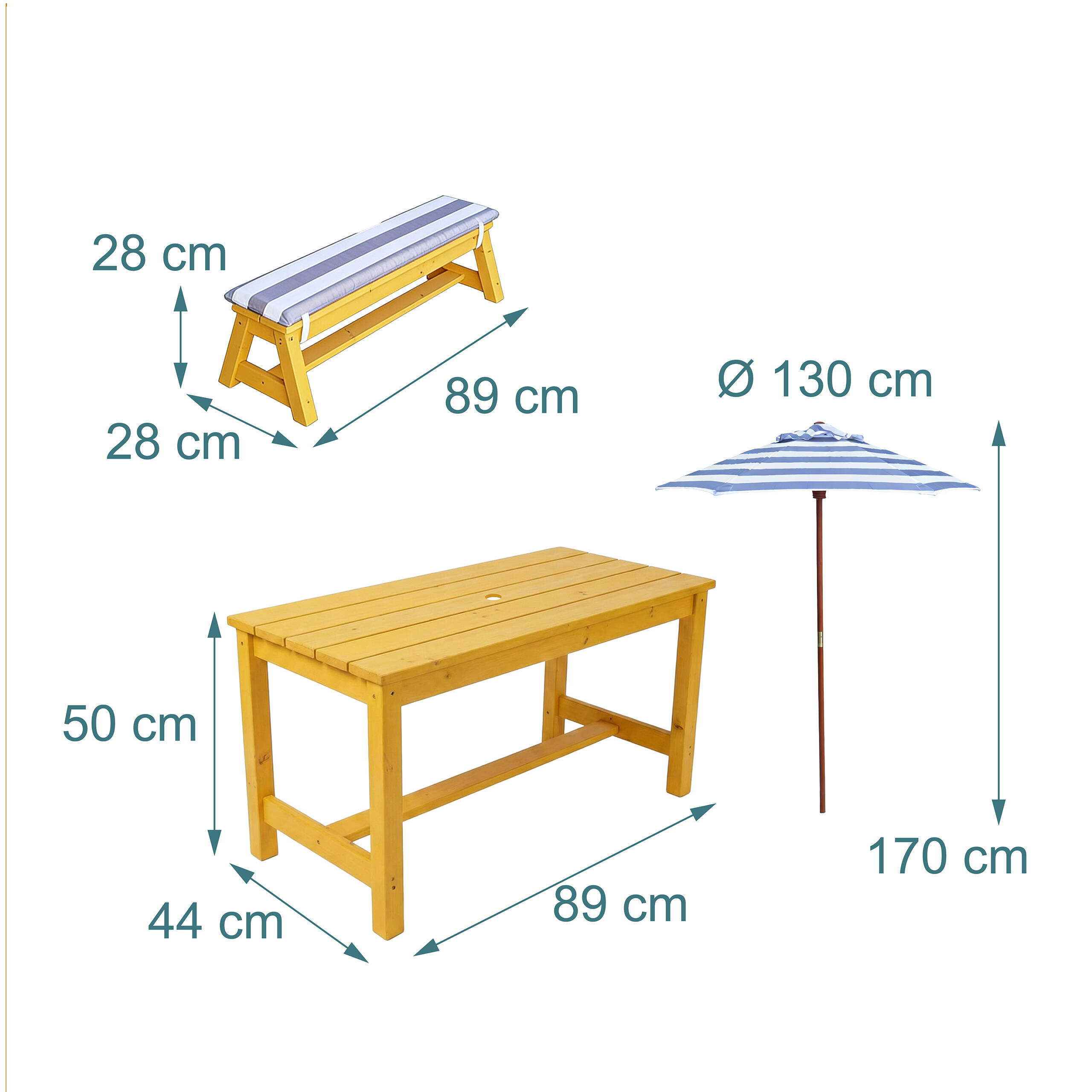 Holztisch, Holzbank mit Polster und blauer Sonnenschirm mit Maßangaben.
