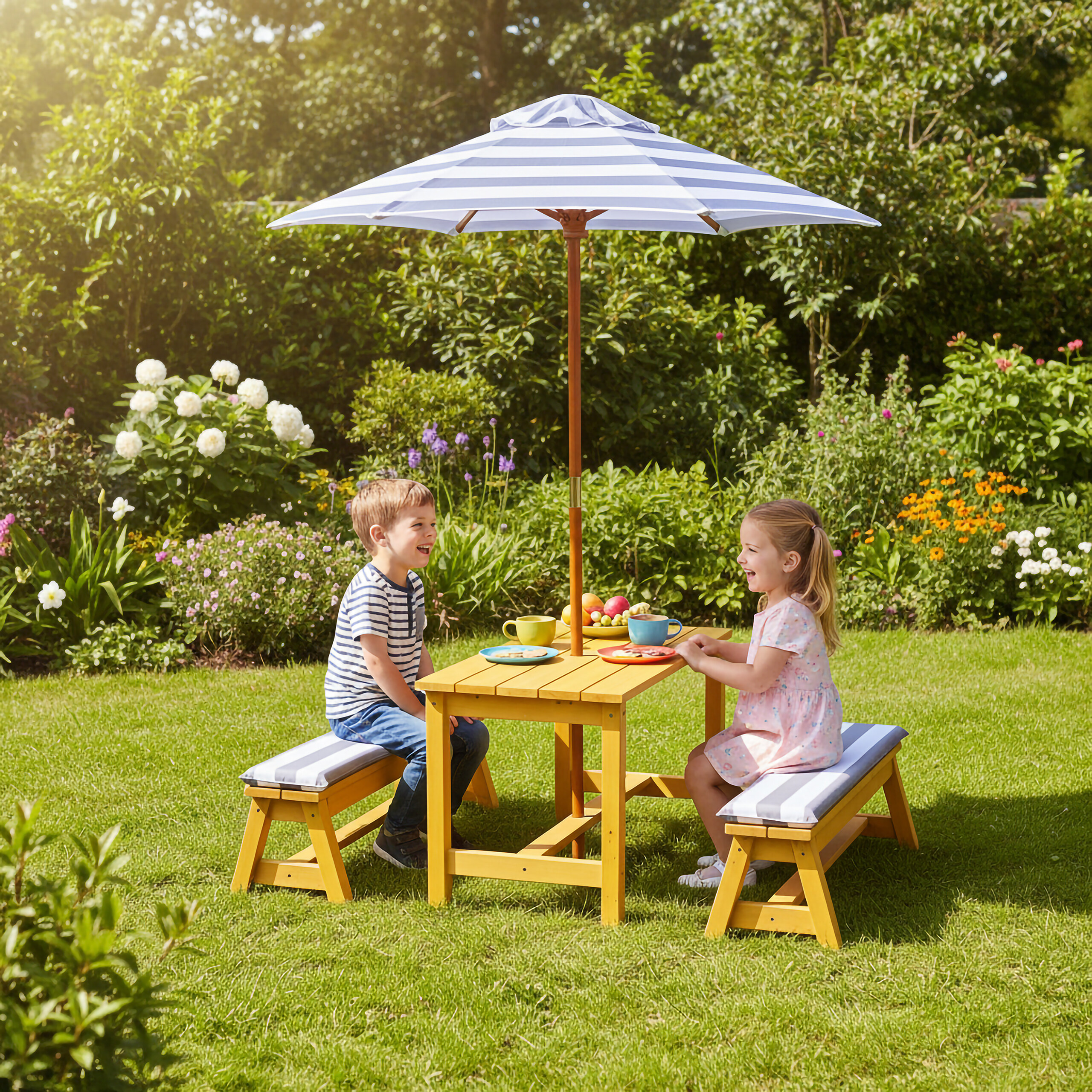 Kinder lachen an einem Holztisch mit blau-weißem Sonnenschirm im Garten.