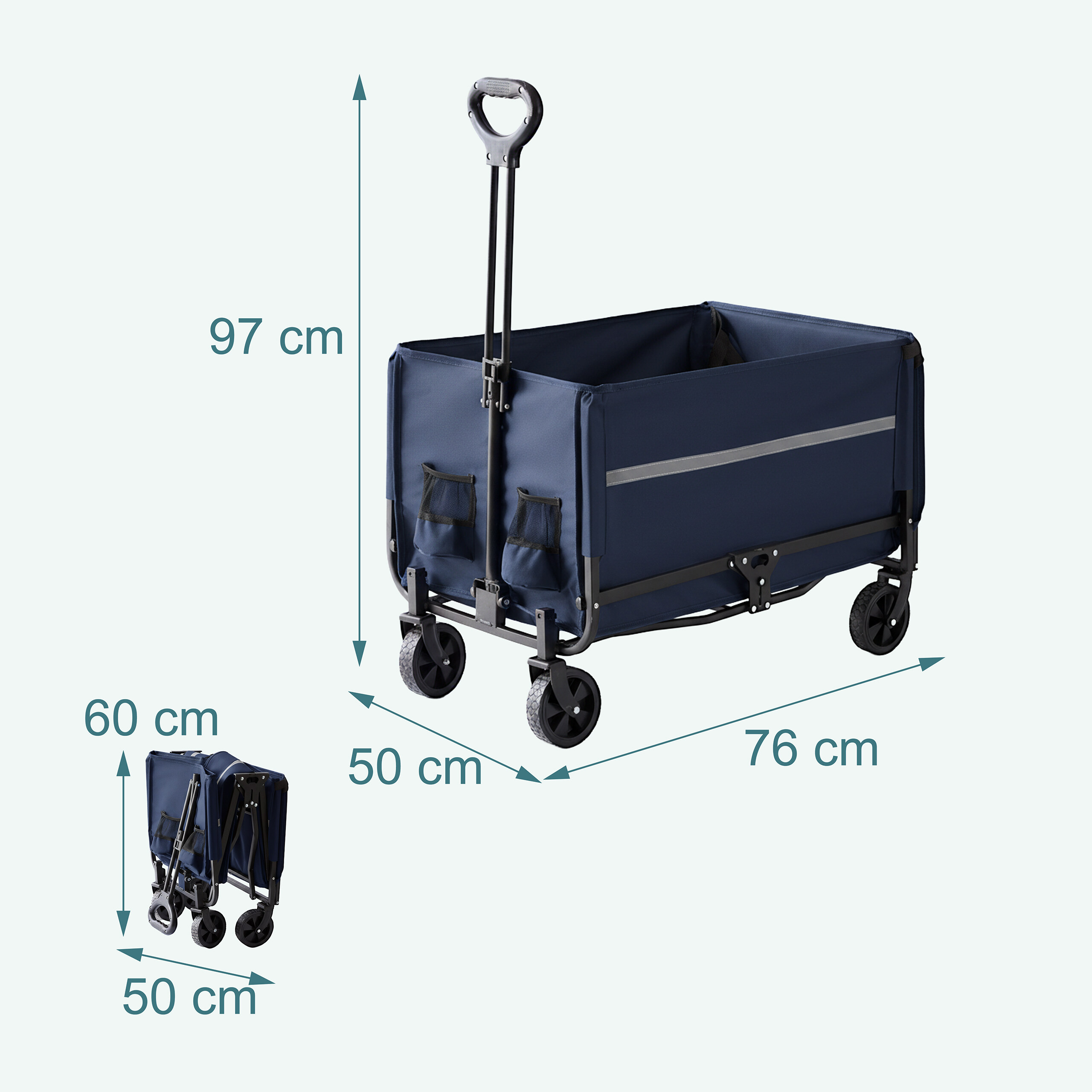 Ein blauer Faltwagen mit Maßen: 97 cm Höhe, 76 cm Länge, 50 cm Breite und zusammengeklappt 60x50 cm.