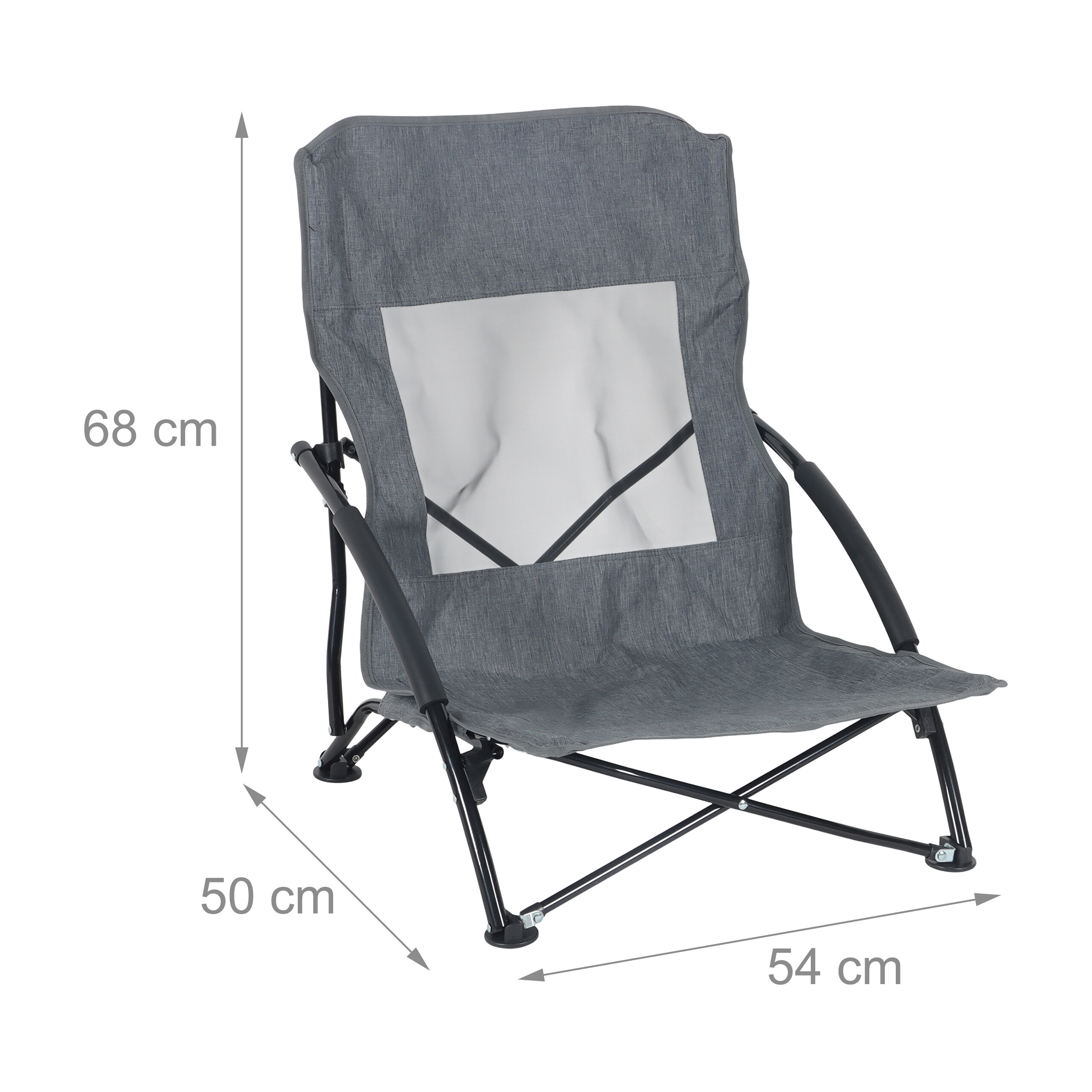 Grauer Klapp-Strandstuhl mit schwarzem Metallgestell, Maße: 68 cm Höhe, 50 cm Tiefe, 54 cm Breite.