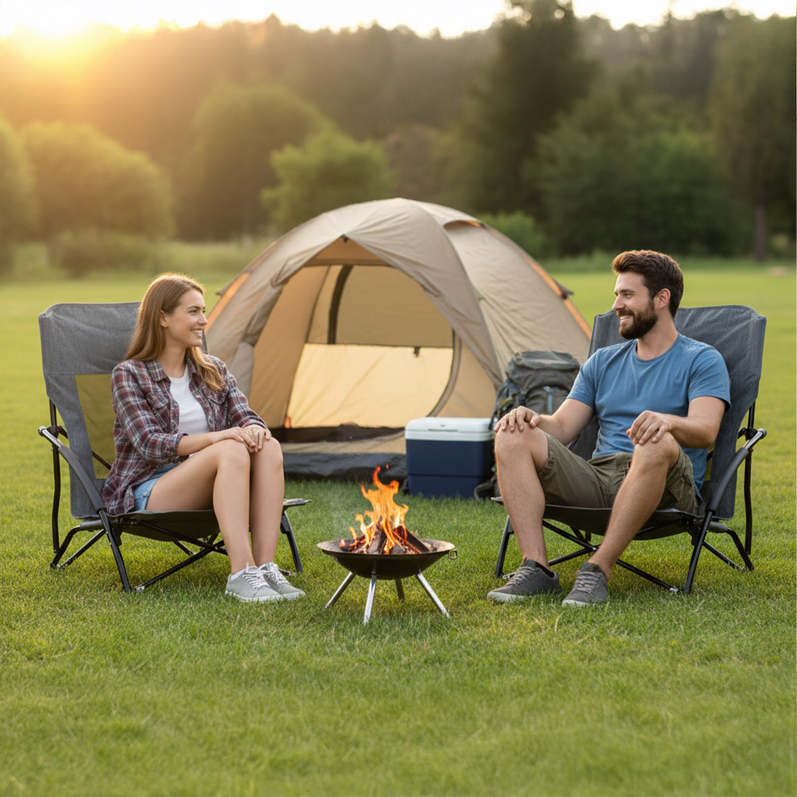 Paar sitzt in Campingstühlen vor einem Zelt am kleinen Feuer.