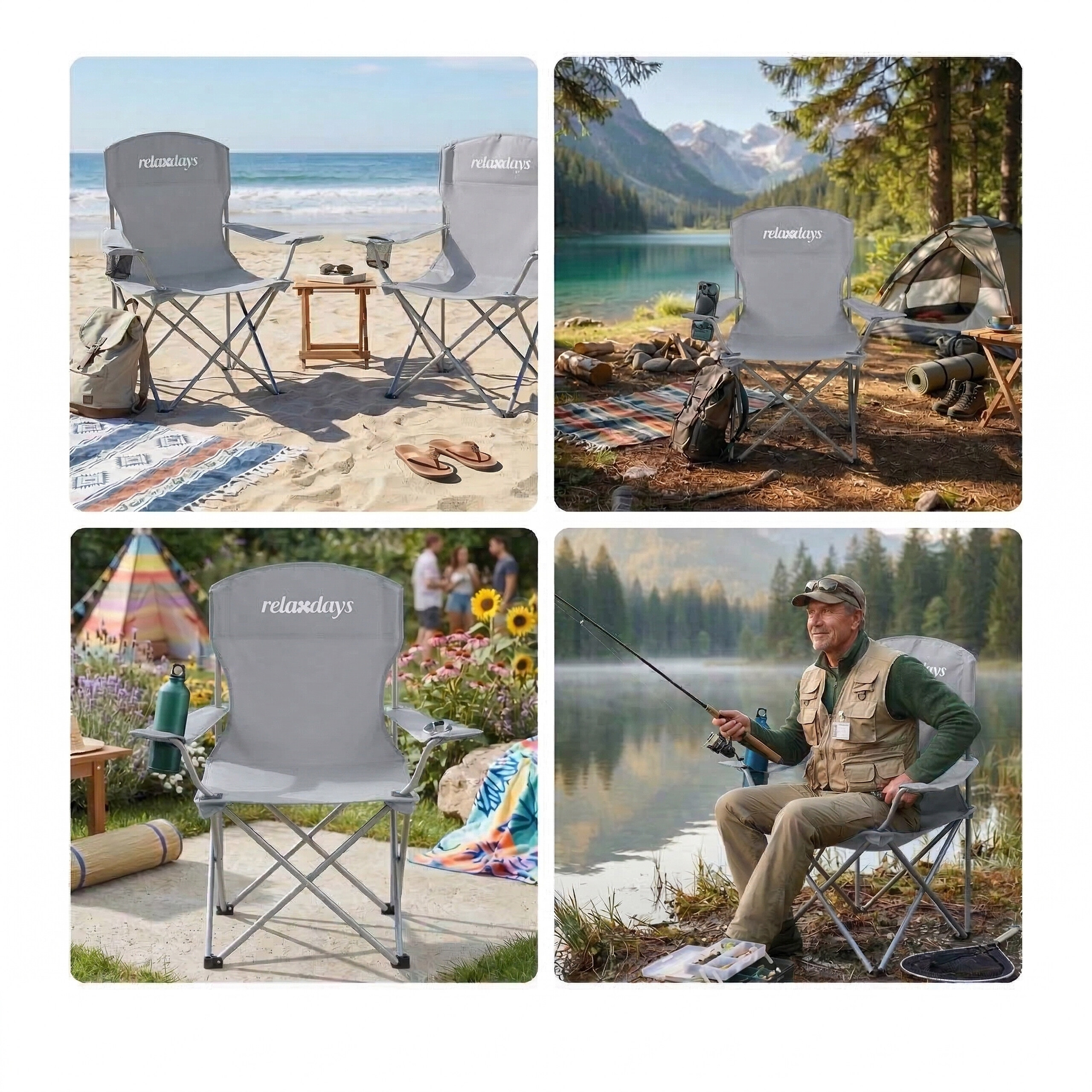 Vier graue Relaxdays-Klappstühle in verschiedenen Outdoor-Szenarien wie Strand, Wald, Garten und am See.