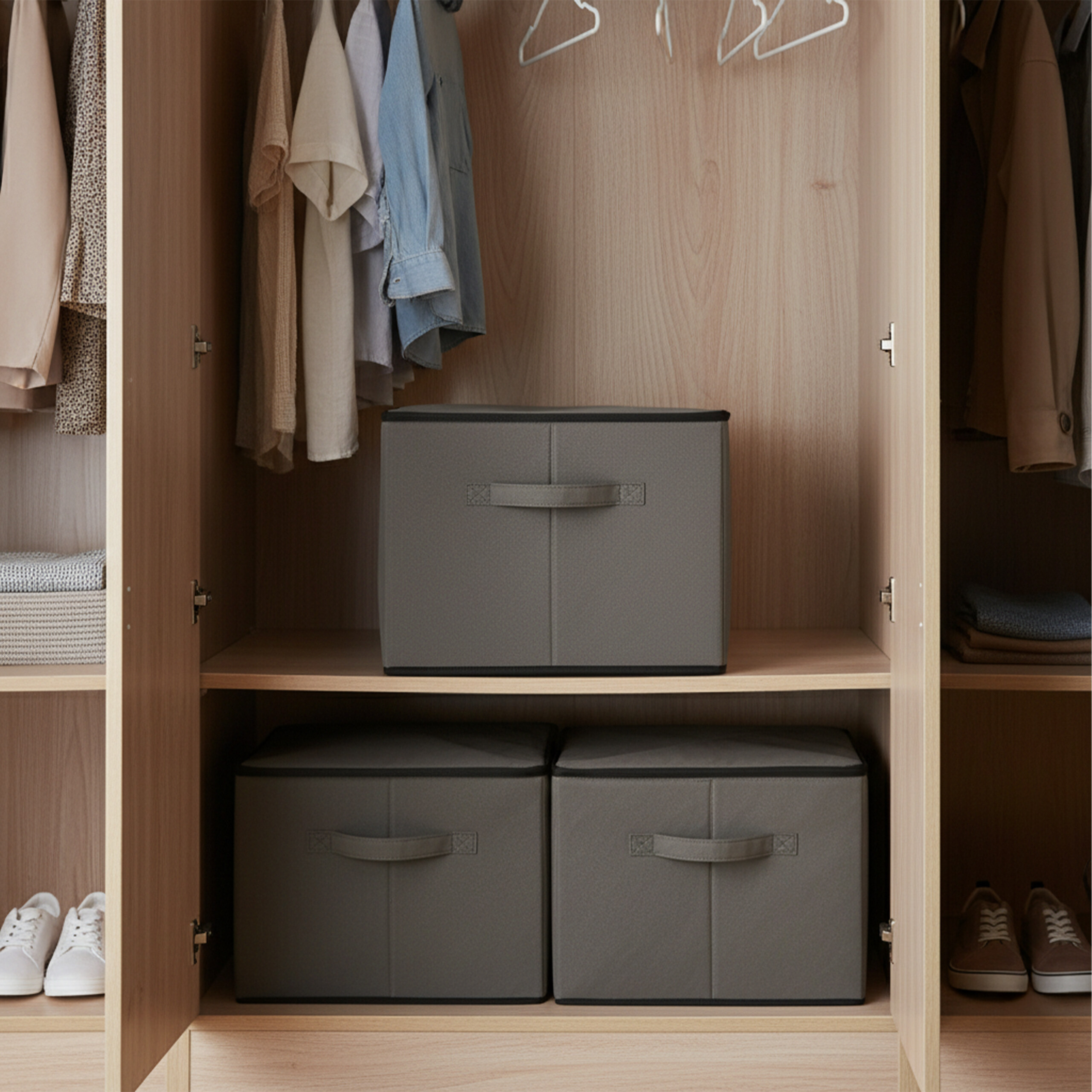 Offener Holzschrank mit drei grauen Stoff-Aufbewahrungsboxen, hängender Kleidung, gefalteten Teilen und Schuhen.