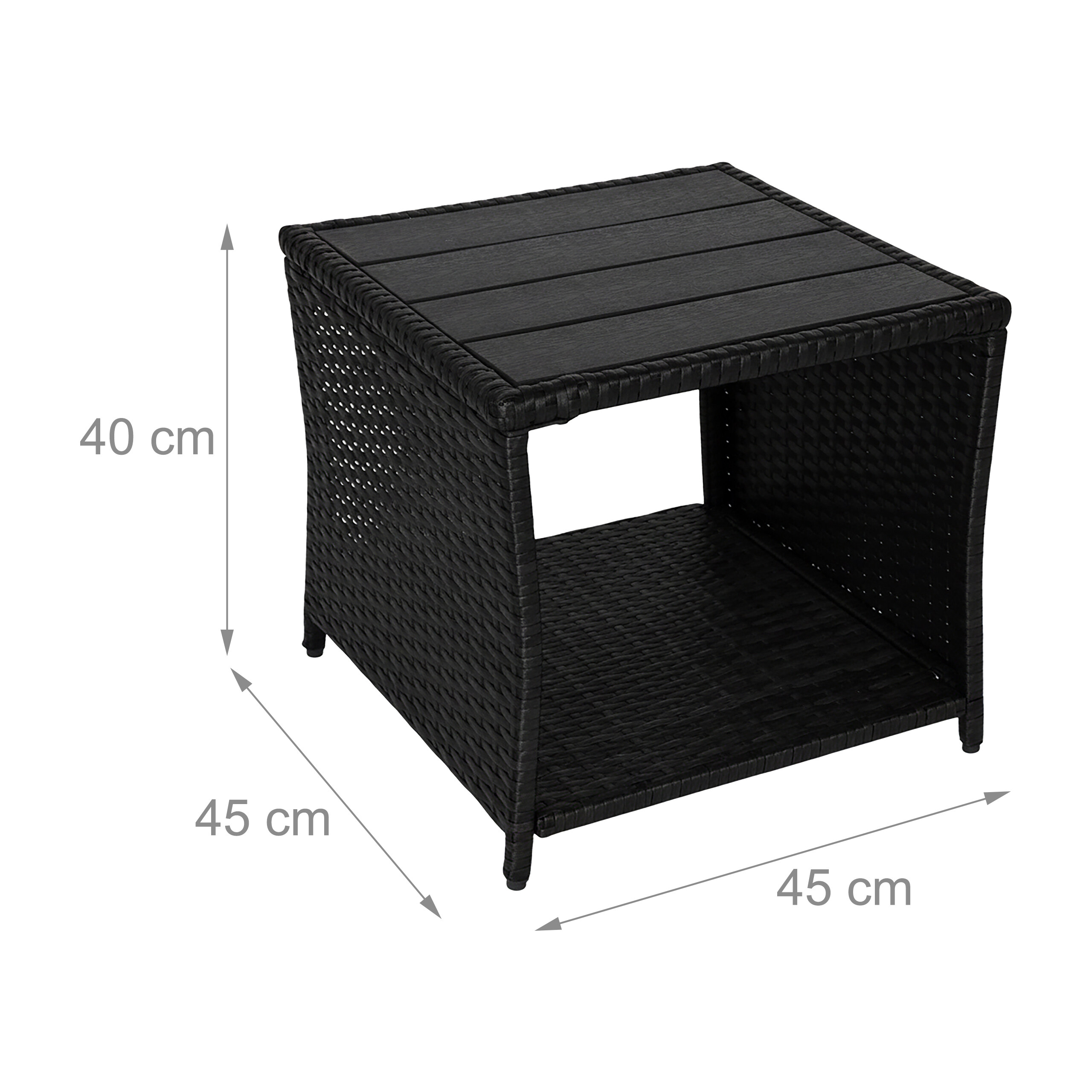 Schwarzer Rattan-Beistelltisch mit Maßen: 40 cm Höhe, 45 cm Breite und 45 cm Tiefe.