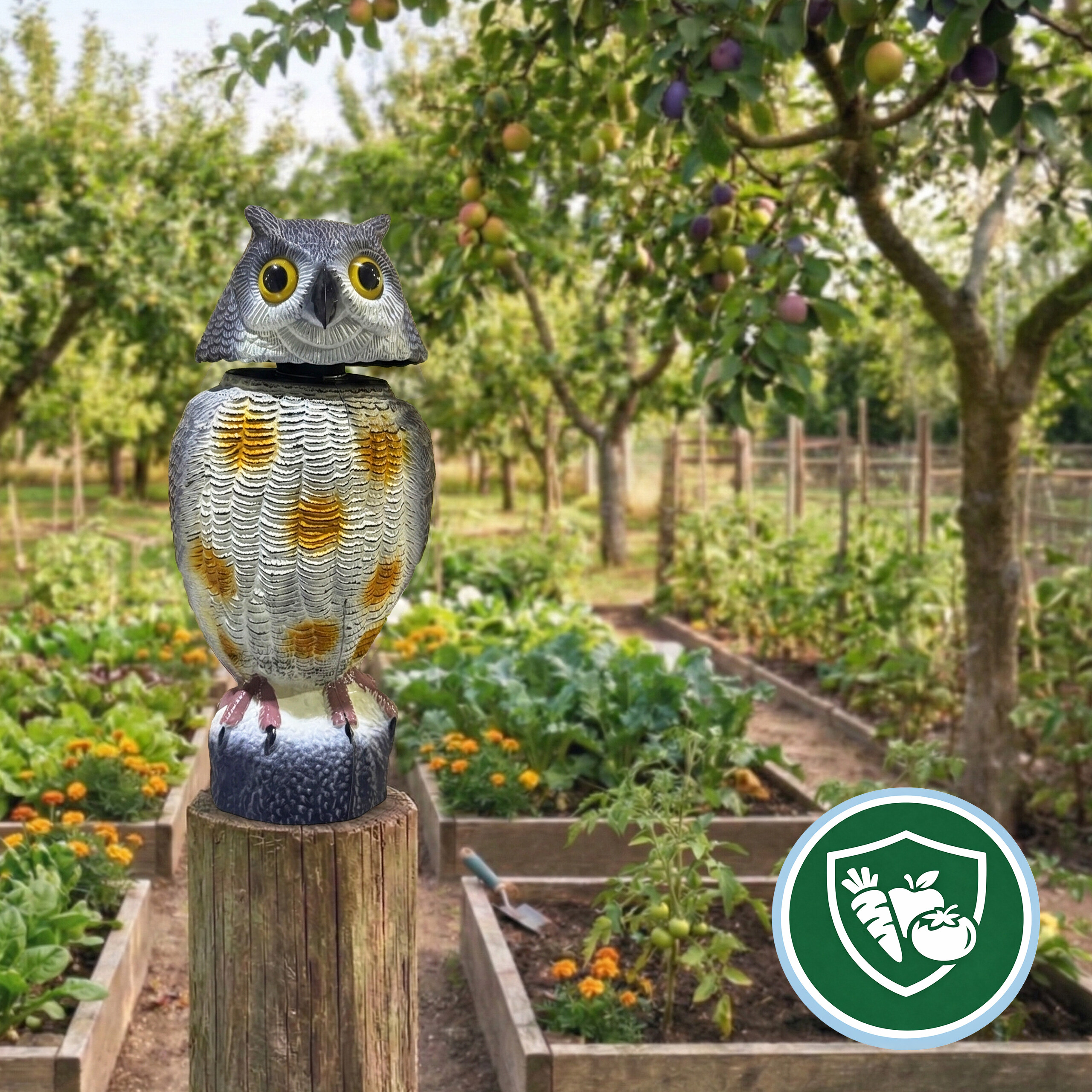 Eine Eulen-Attrappe auf einem Holzpfahl in einem Gemüsegarten mit Obstbäumen und Hochbeeten im Hintergrund.