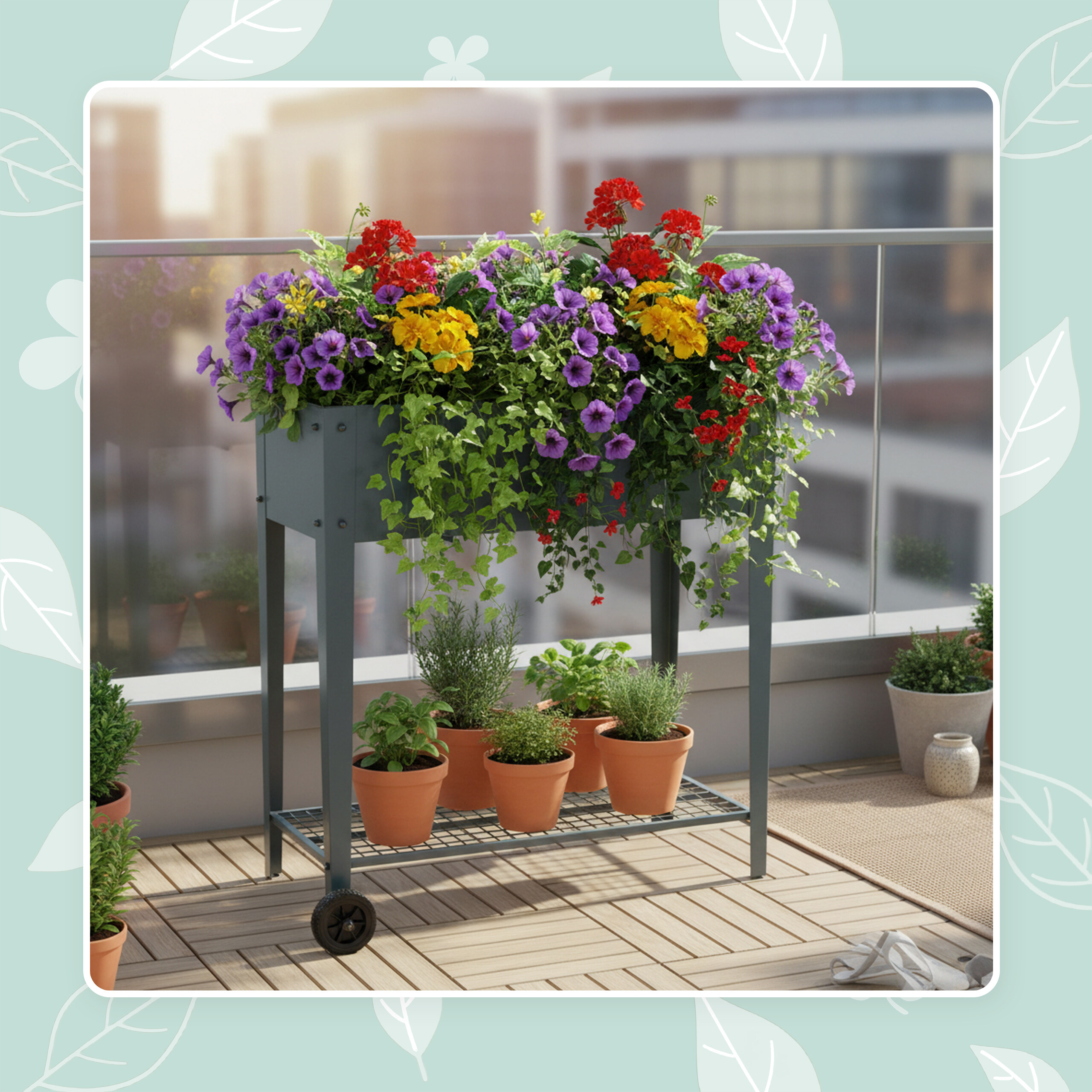 Ein grauer Pflanzwagen mit bunten Blumen und grünen Kräutern in Töpfen auf einer Holzbalkon-Terrasse.