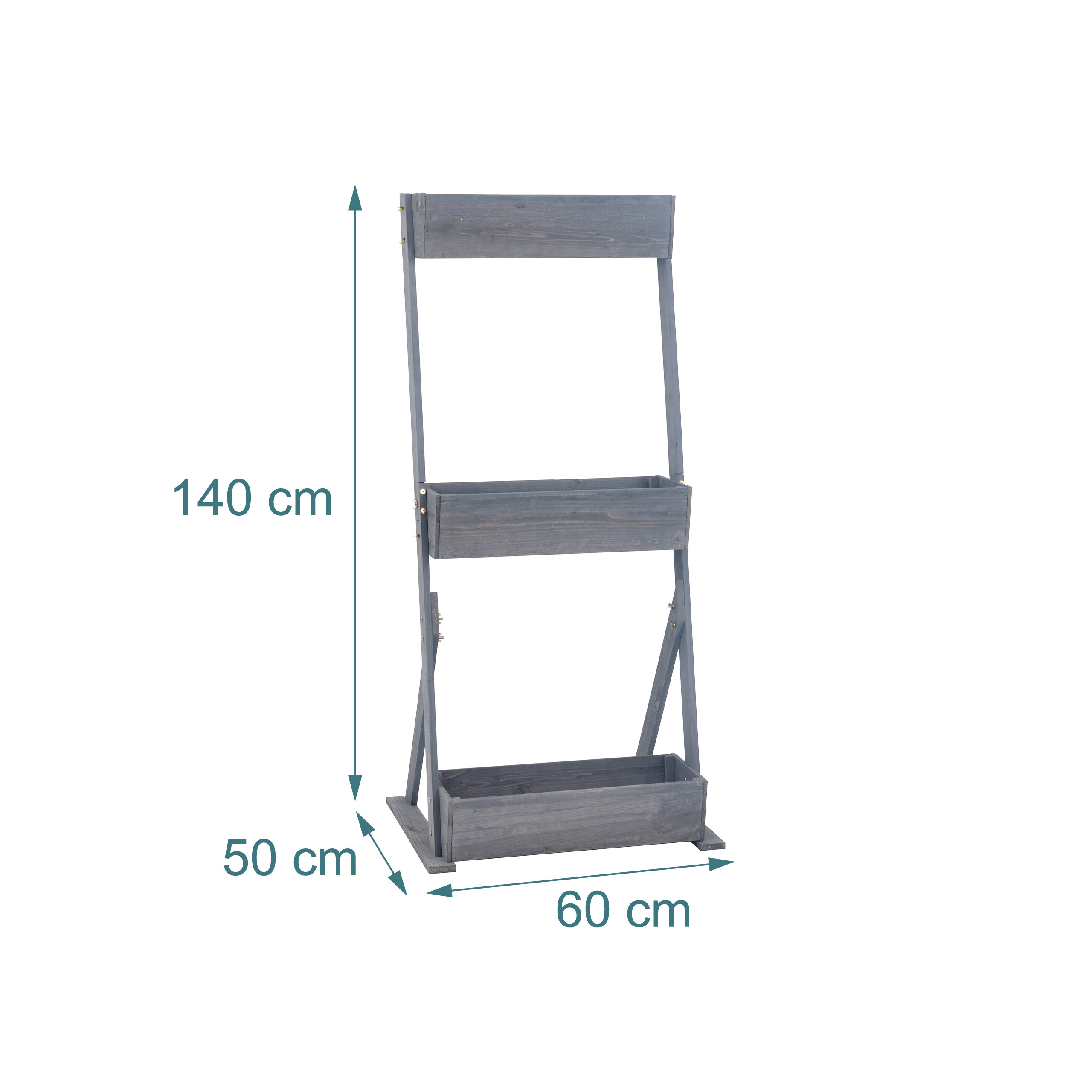 Graues Holzpflanzgefäß mit Maßen: Höhe 140 cm, Tiefe 50 cm, Breite 60 cm.