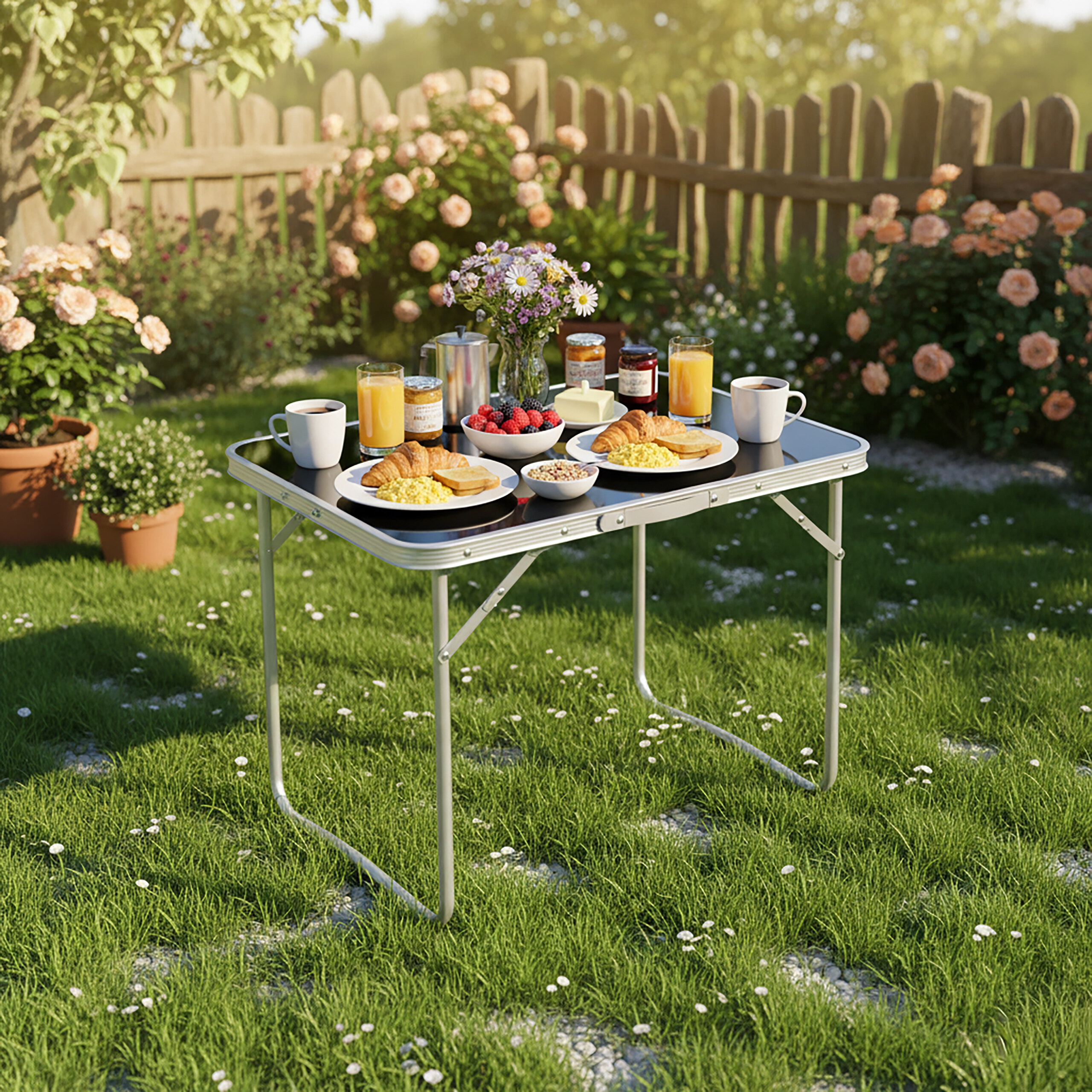 Ein Tisch im garten ist mit einem Fruestueck aus Croissants, Beeren, Orangensaft und Kaffee gedeckt.